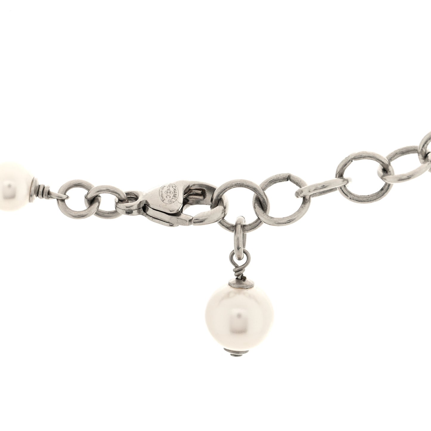 Pearl Enamel Bead CC Long Necklace  Silver White