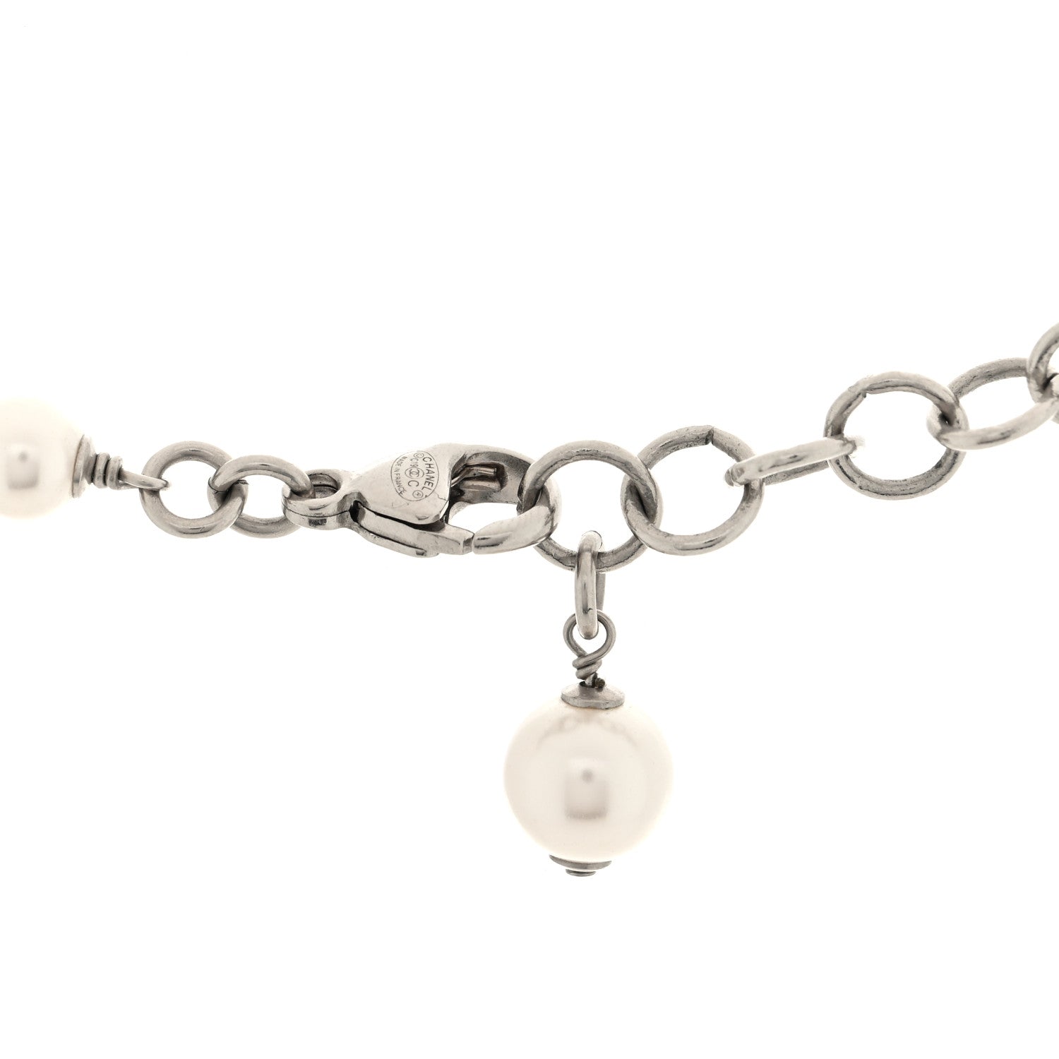 Chanel Pearl Enamel Bead CC Long Necklace  Silver White 4 of 4