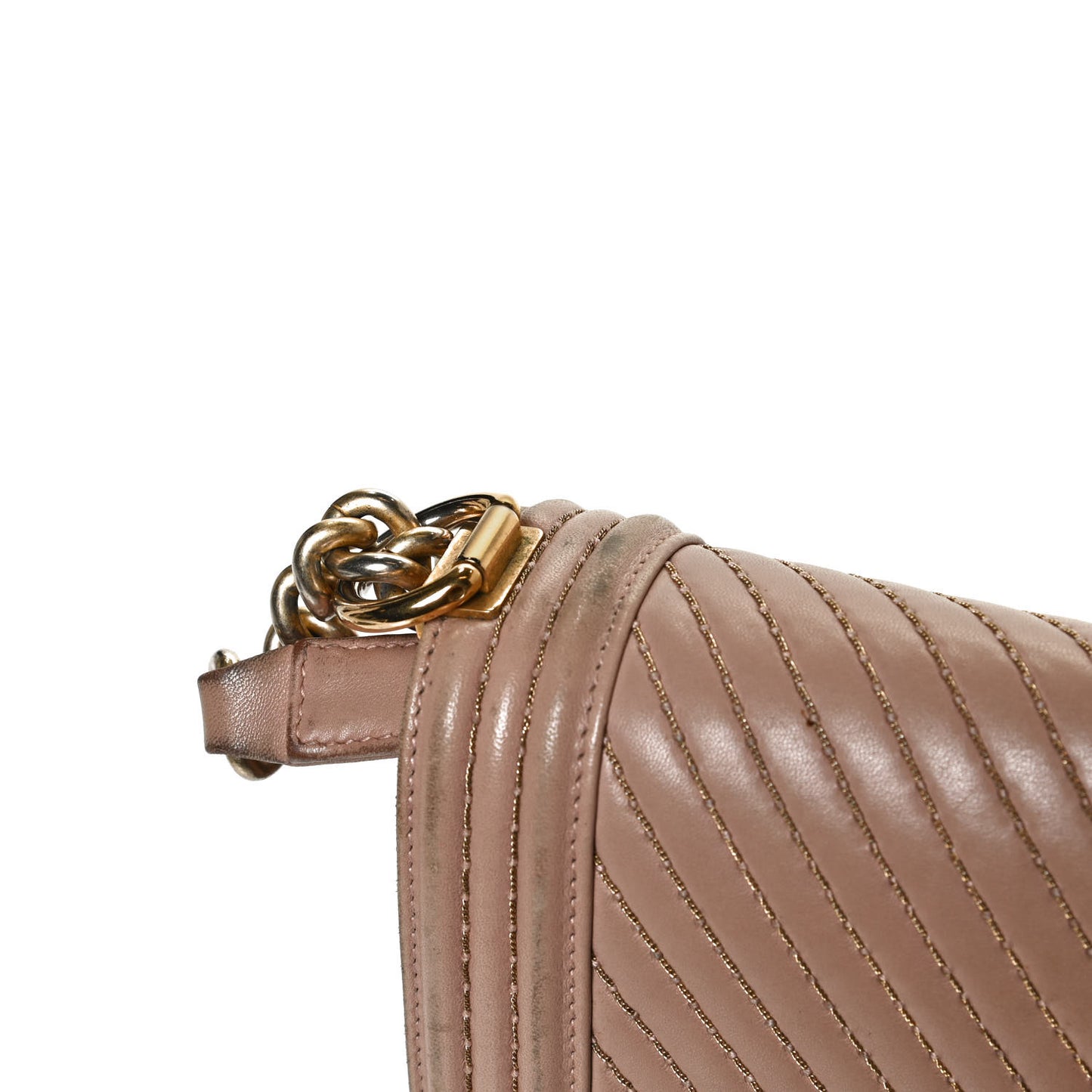 Lambskin Chevron Chain Stitched Medium Boy Flap Beige