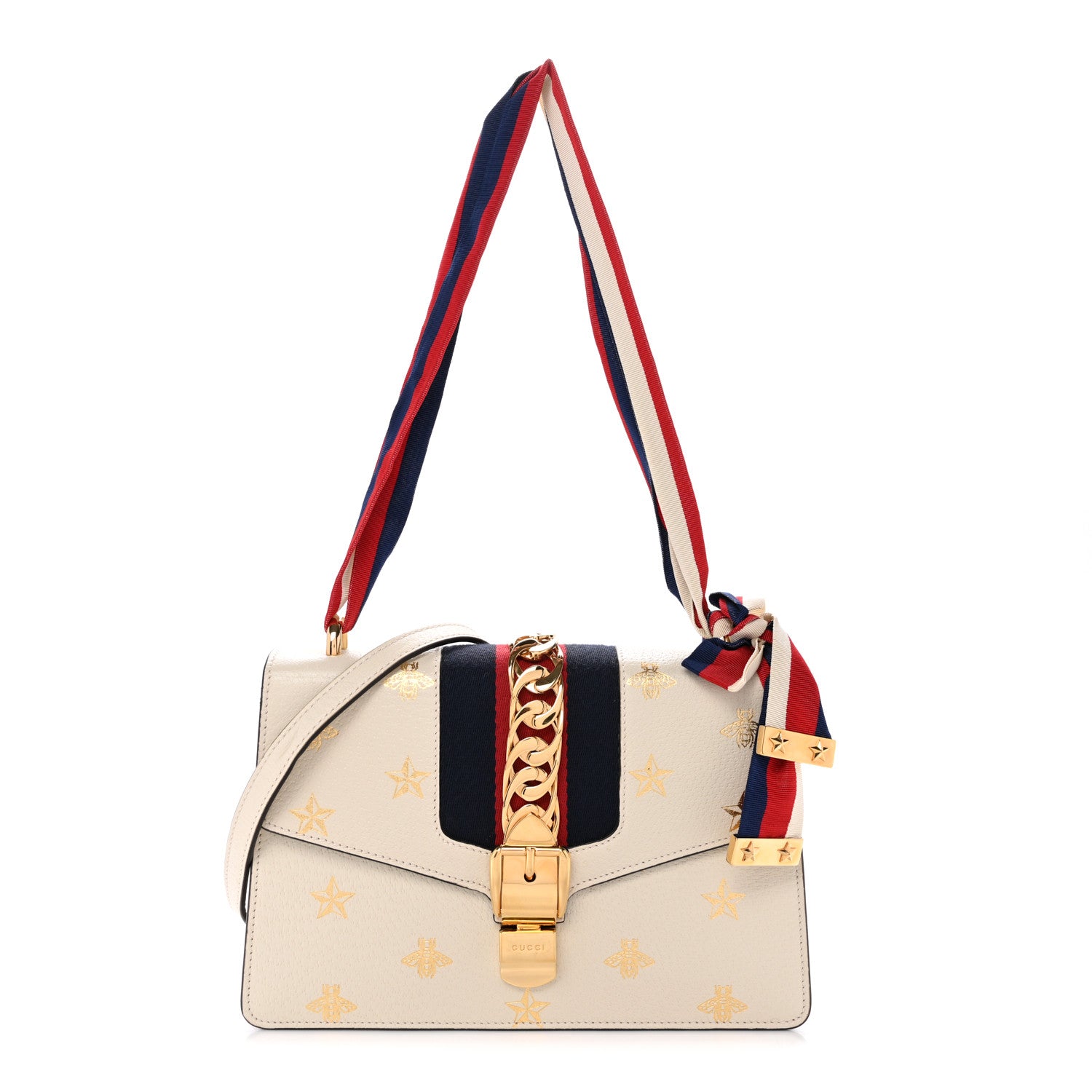 Gucci Textured Calfskin Bee Star Print Small Sylvie Shoulder Bag Mystic White 1 of 13