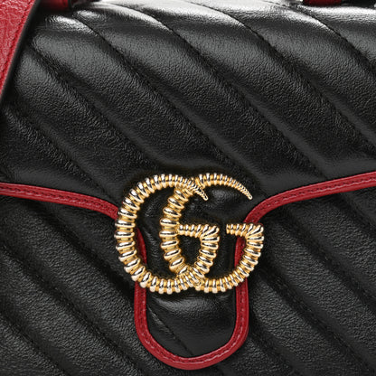 Gucci Vintage Effect Calfskin Matelasse Diagonal Mini Torchon GG Marmont Top Handle Shoulder Bag Black Romantic Cherry 8 of 10