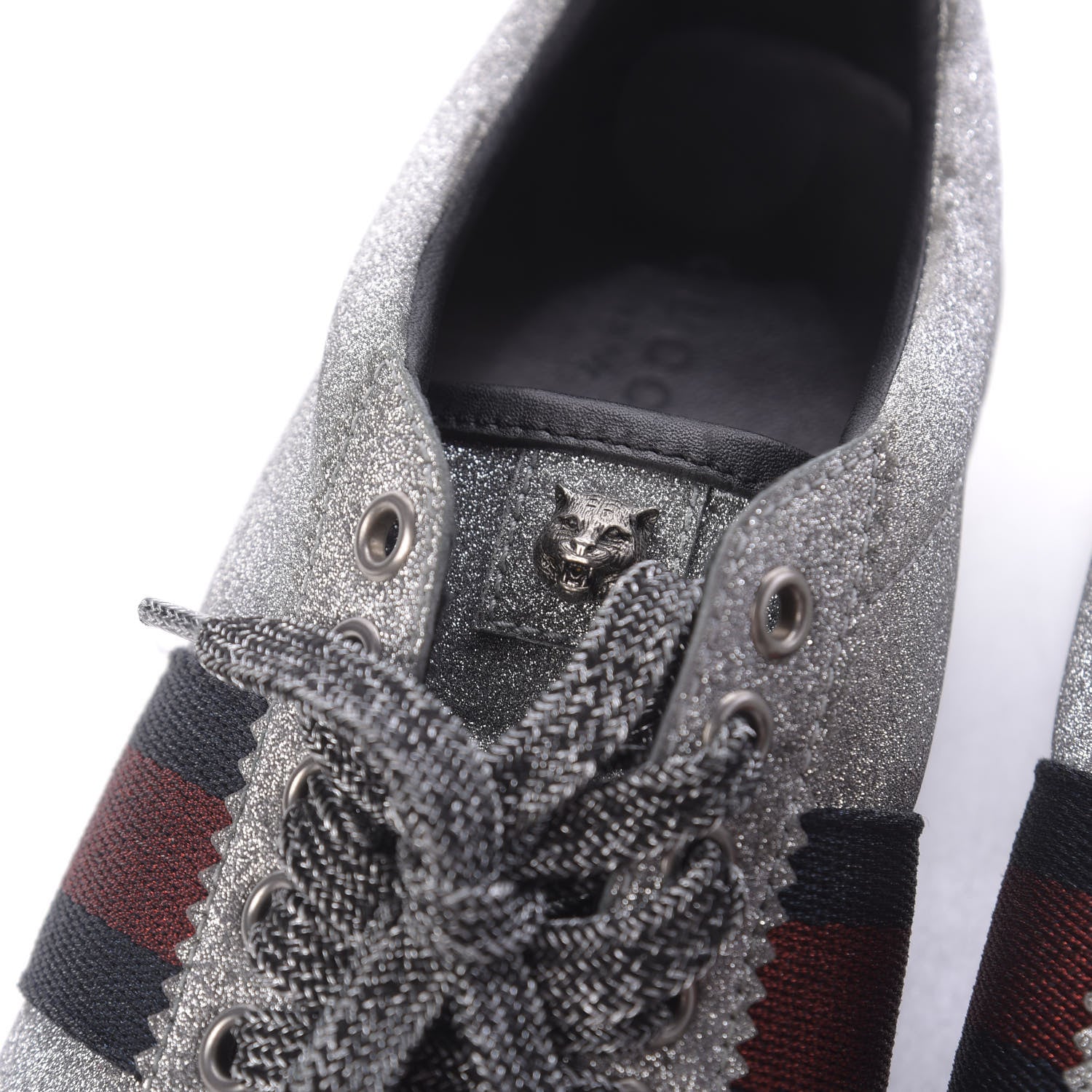 Gucci Glitter Fabric Studded Womens Web Sneakers 39 Silver 11 of 12