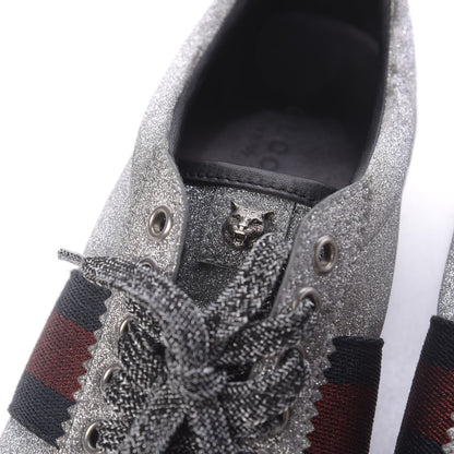 Gucci Glitter Fabric Studded Womens Web Sneakers 39 Silver 11 of 12
