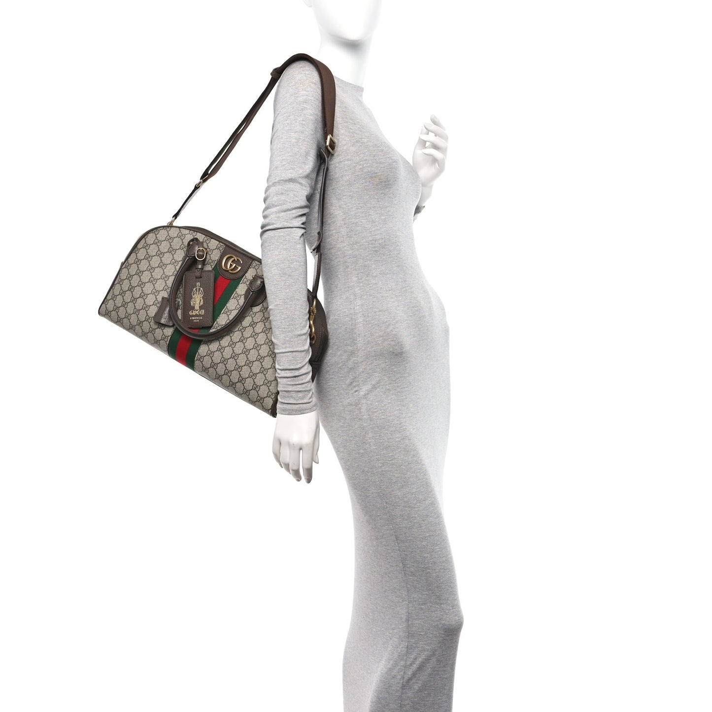 GG Supreme Monogram Textured Dollar Calfskin Web Medium Ophidia Top Handle Duffle Bag Beige Ebony New Acero