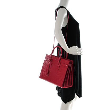 Saint Laurent Calfskin Crocodile Embossed Small Sac De Jour Rouge 2 of 11