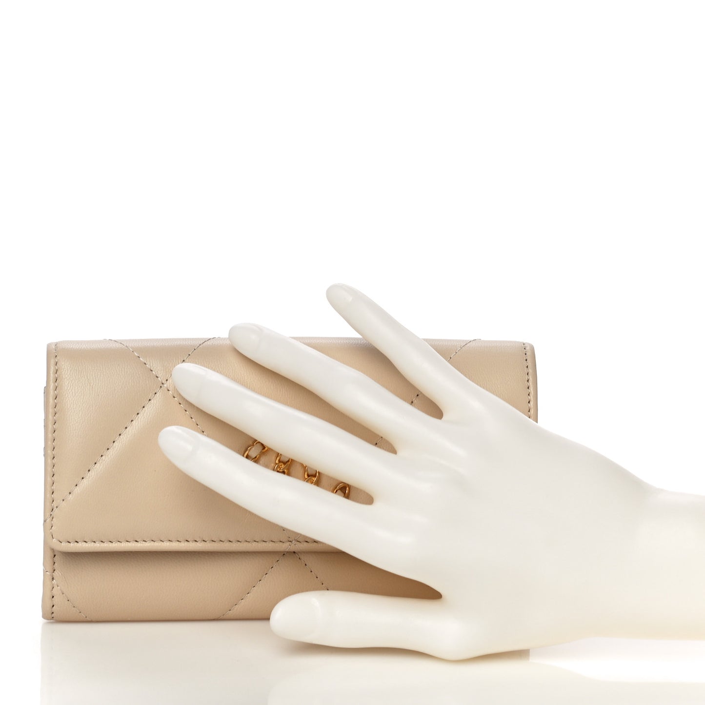Shiny Goatskin Quilted Chanel 19 Flap Wallet Beige