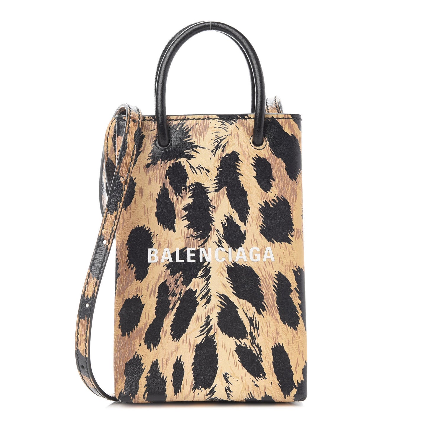 Smooth Calfskin Leopard Print Logo Shopping Phone Holder Bag Beige Black