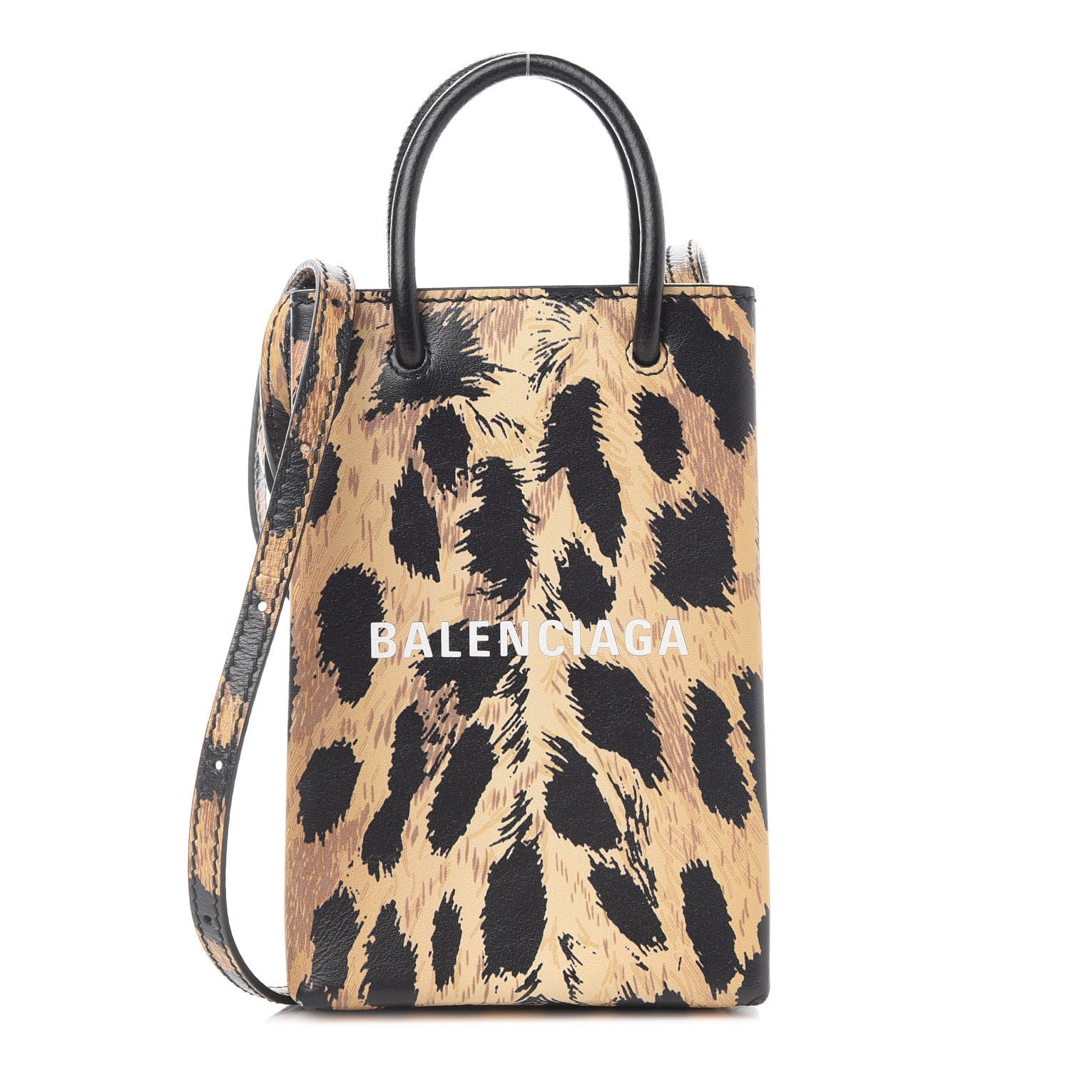 Balenciaga Smooth Calfskin Leopard Print Logo Shopping Phone Holder Bag Beige Black 1 of 8
