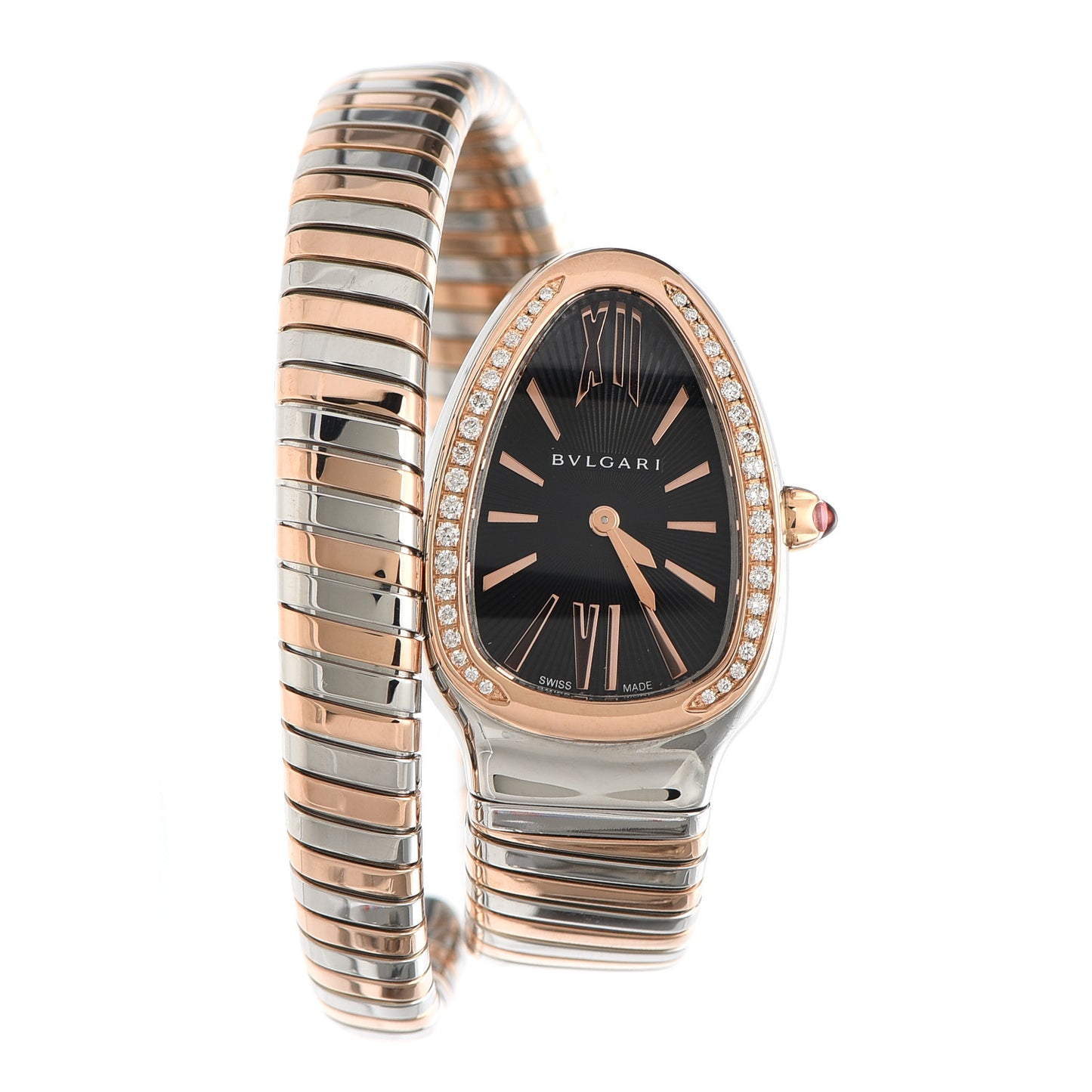 Stainless Steel 18K Rose Gold Diamond Bezel 35mm Serpenti Tubogas Quartz Watch Black
