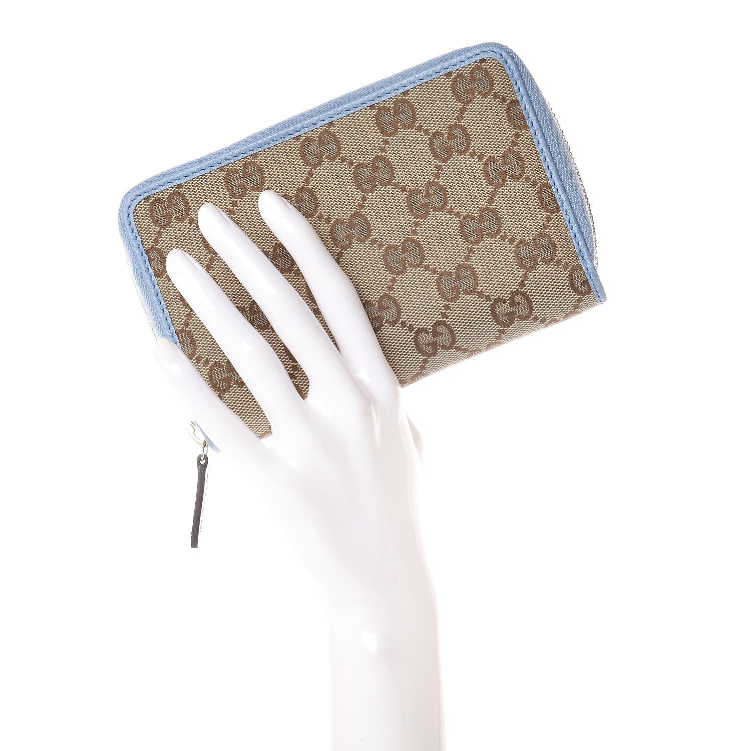 Gucci Monogram Dollar Calfskin Zip Around Compact Wallet Beige Ebony Mineral Blue 2 of 8