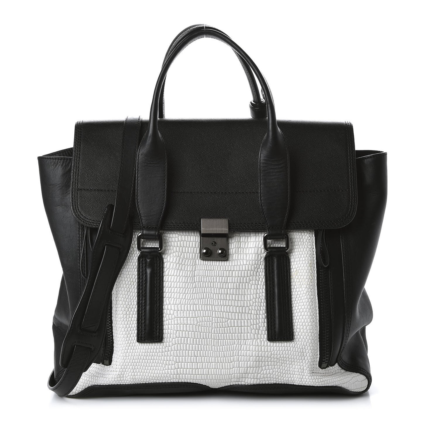 3.1 Textured Calfskin Large Pashli Satchel Black White