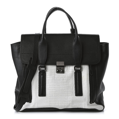 3.1 Phillip Lim 3.1 Textured Calfskin Large Pashli Satchel Black White 1 of 9