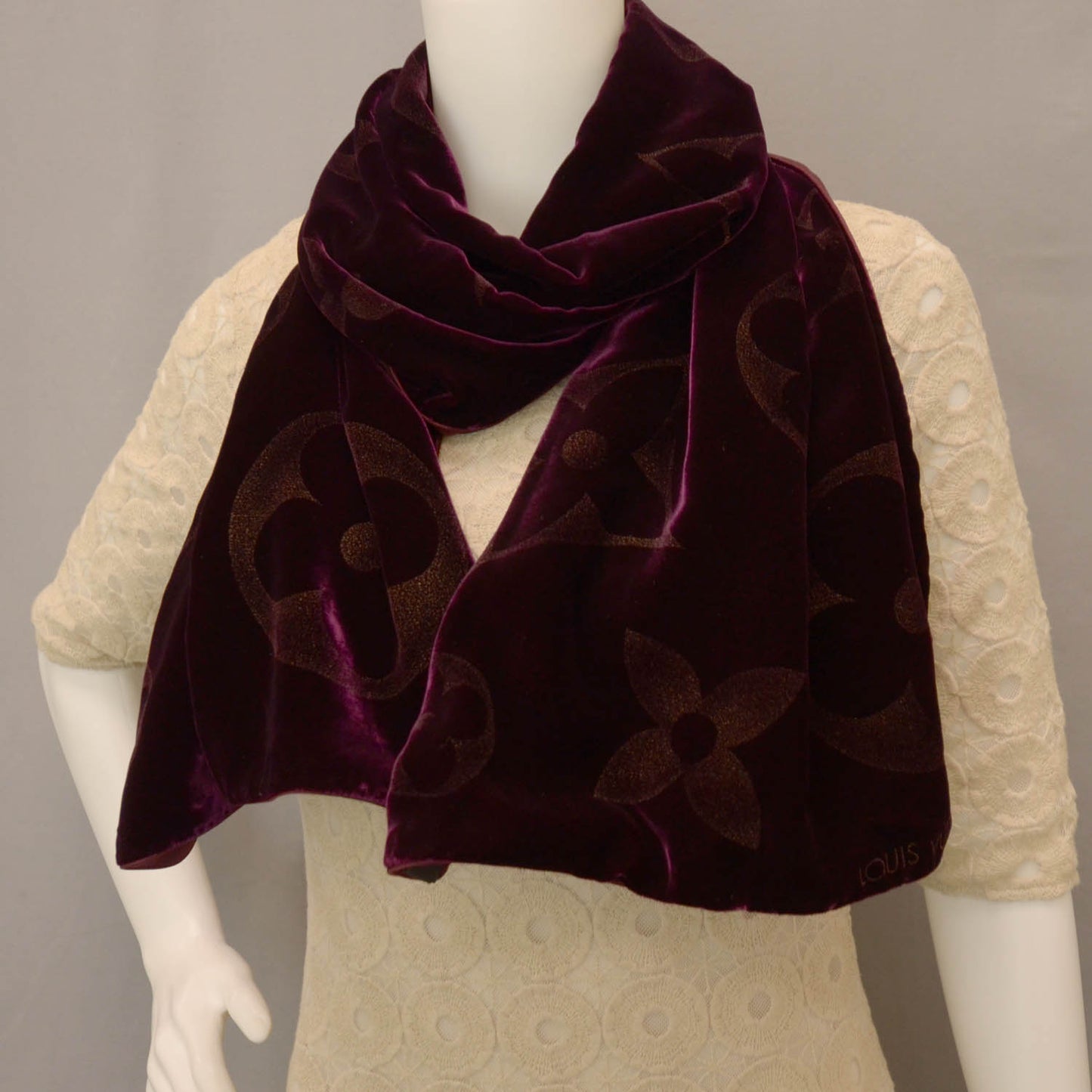 Monogram Velours Silk Mousseline Long Scarf Bordeaux