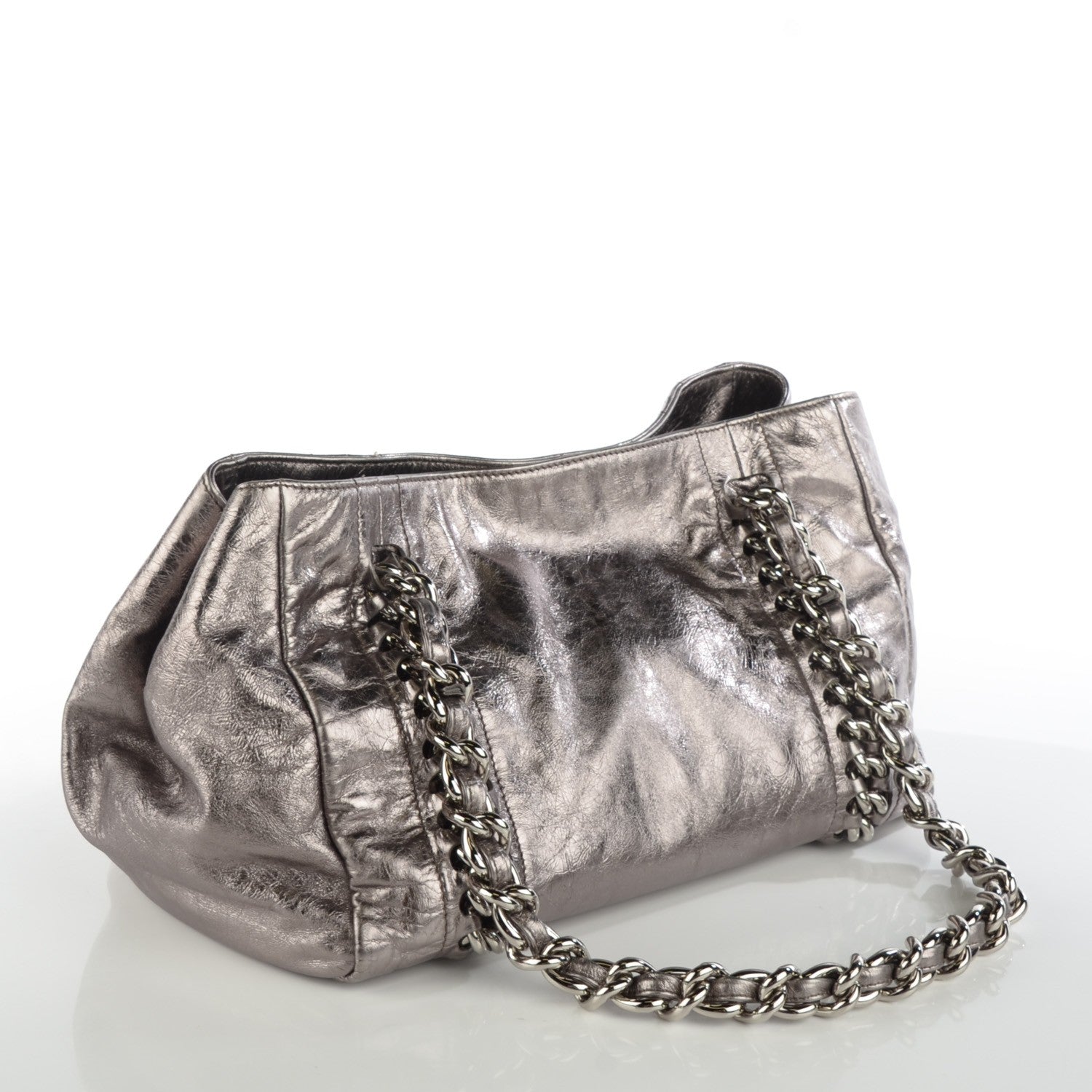Chanel Metallic Crackled Calfskin Small Modern Chain Tote Dark Grey 3 of 7