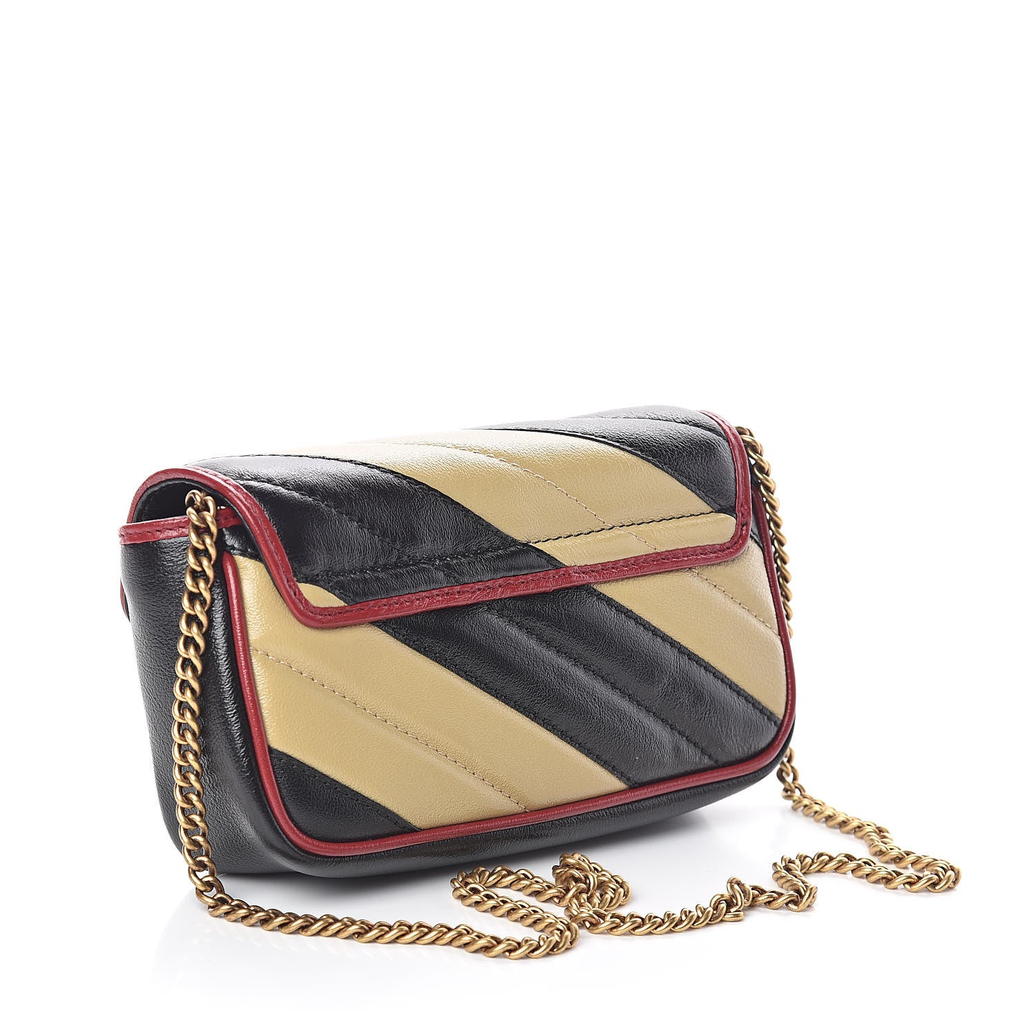 Gucci Vintage Effect Calfskin Matelasse Diagonal Striped Super Mini Torchon GG Marmont Shoulder Bag Black Beige 3 of 8
