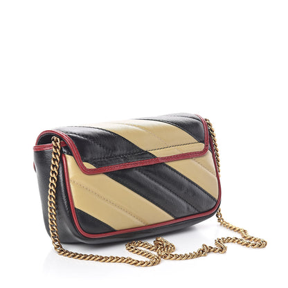 Gucci Vintage Effect Calfskin Matelasse Diagonal Striped Super Mini Torchon GG Marmont Shoulder Bag Black Beige 3 of 8