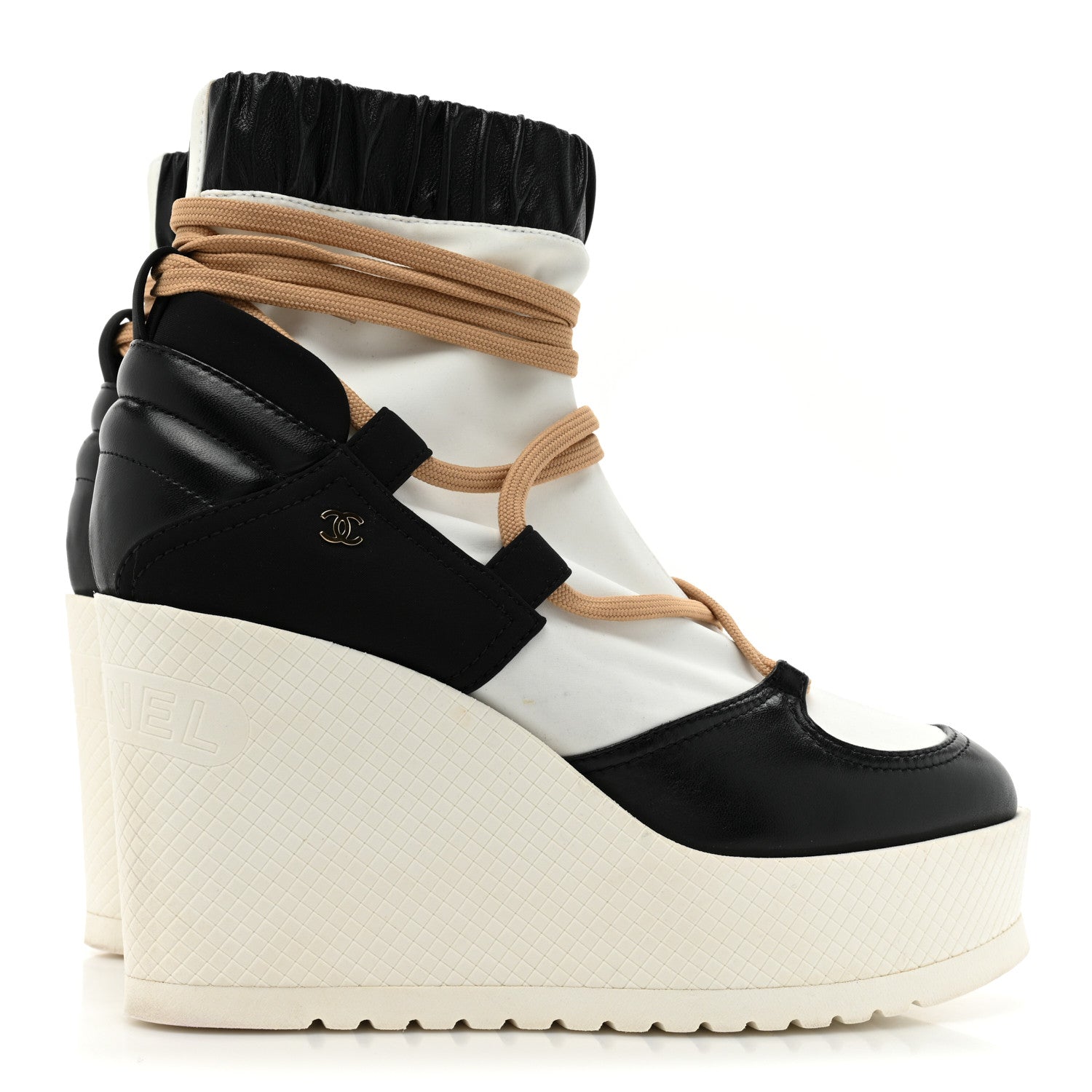 Chanel Patent Calfskin Runway Wedge Short Platform Boots 39.5 Black White Beige 5 of 12