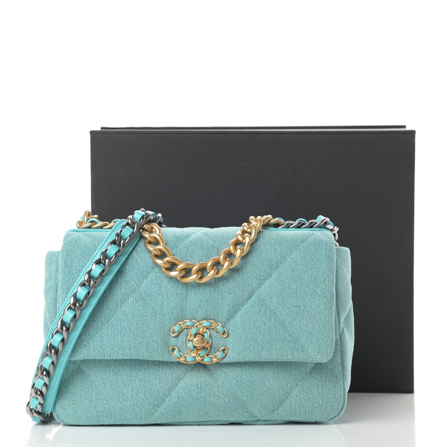Denim Quilted Medium Chanel 19 Flap Neon Blue