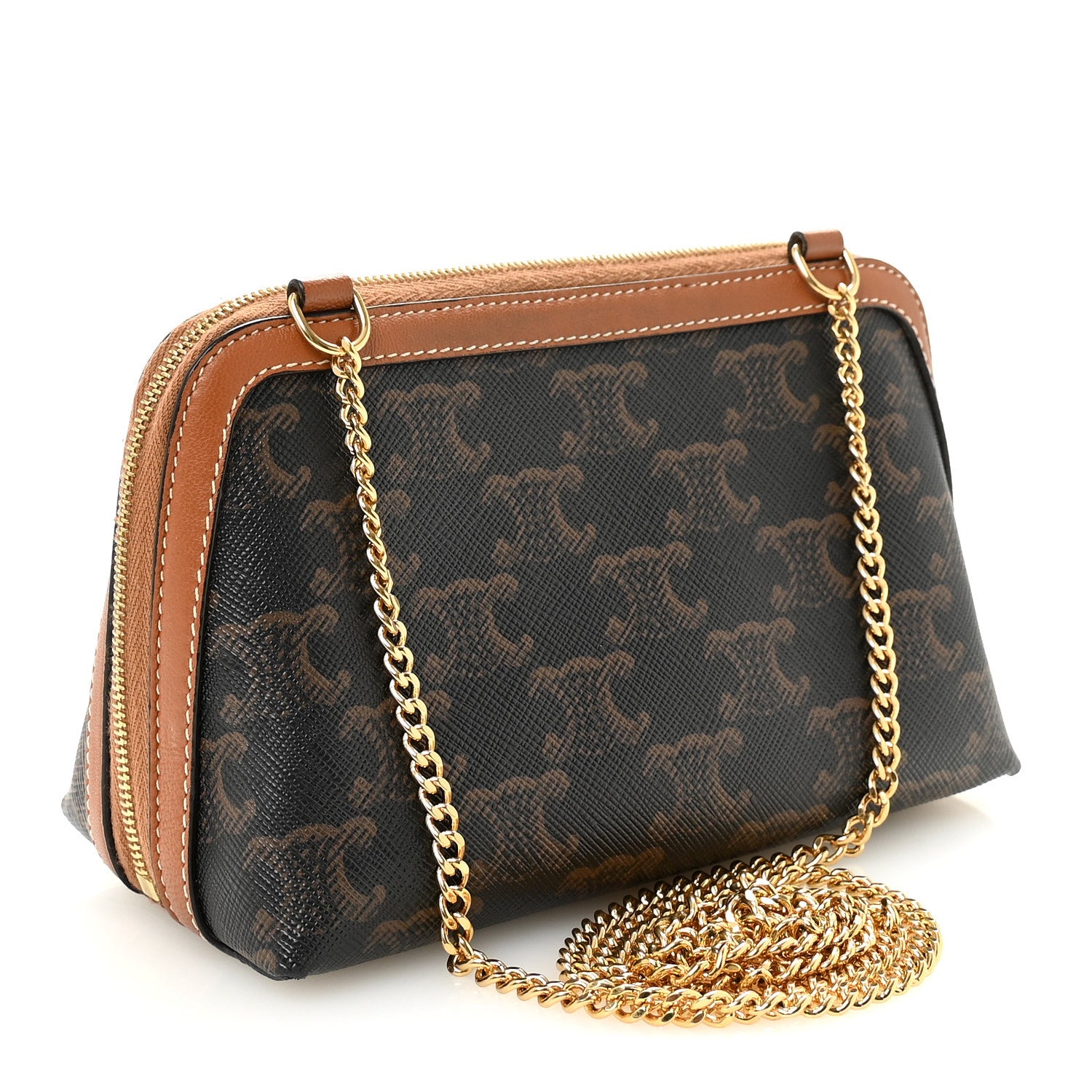 Celine Triomphe Canvas Lambskin Clutch On Chain Tan 3 of 9