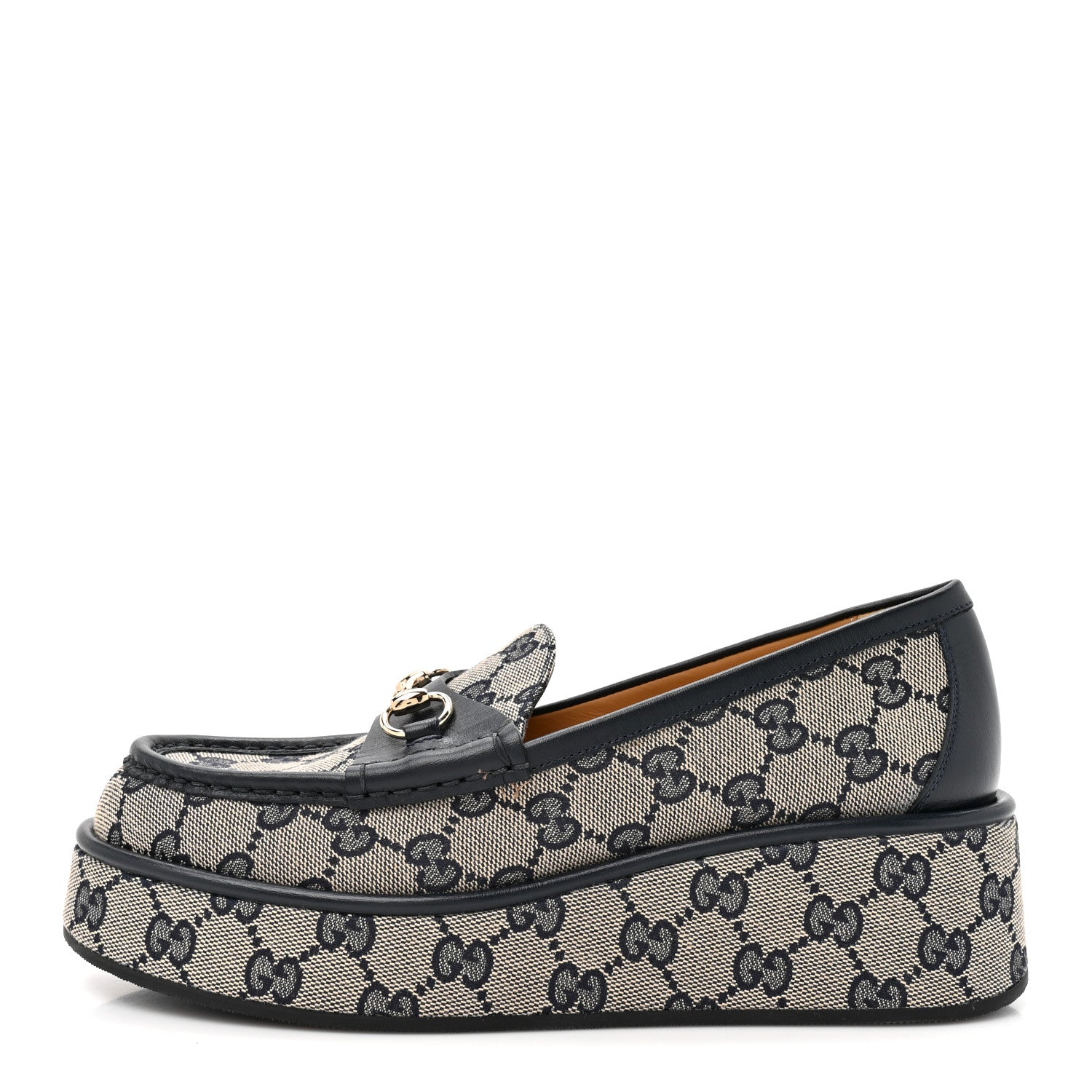 Gucci Monogram Horsebit Calfskin Womens Horsebit Wedge Platform Loafers 37.5 Beige Blue 1 of 10
