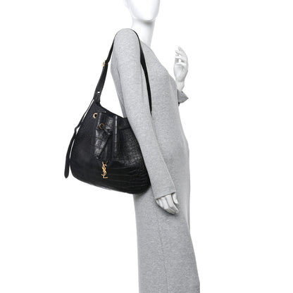 Saint Laurent Calfskin Crocodile Embossed Paris VII Large Flat Hobo Fondente 2 of 11