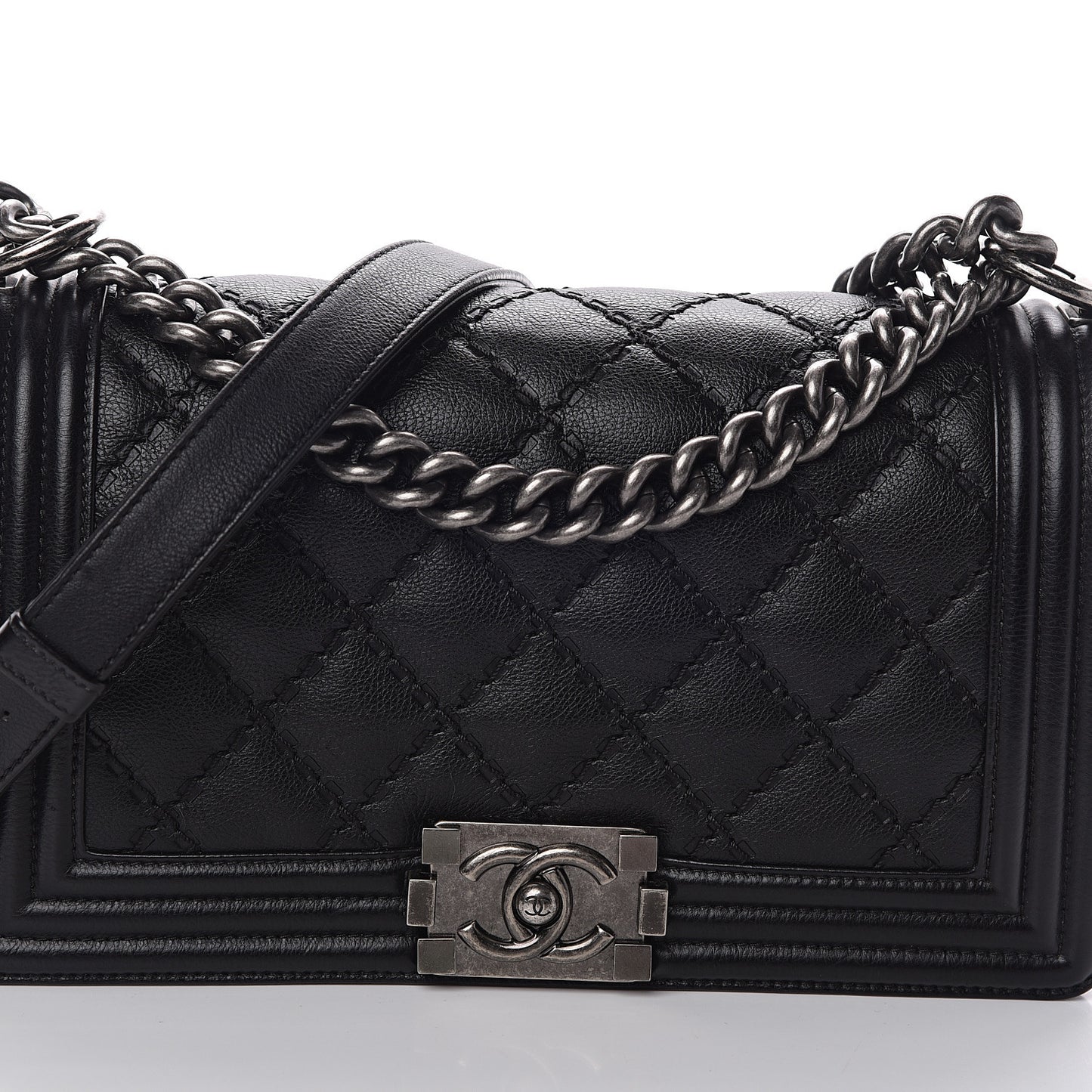 Calfskin Double Stitch Medium Boy Flap Black