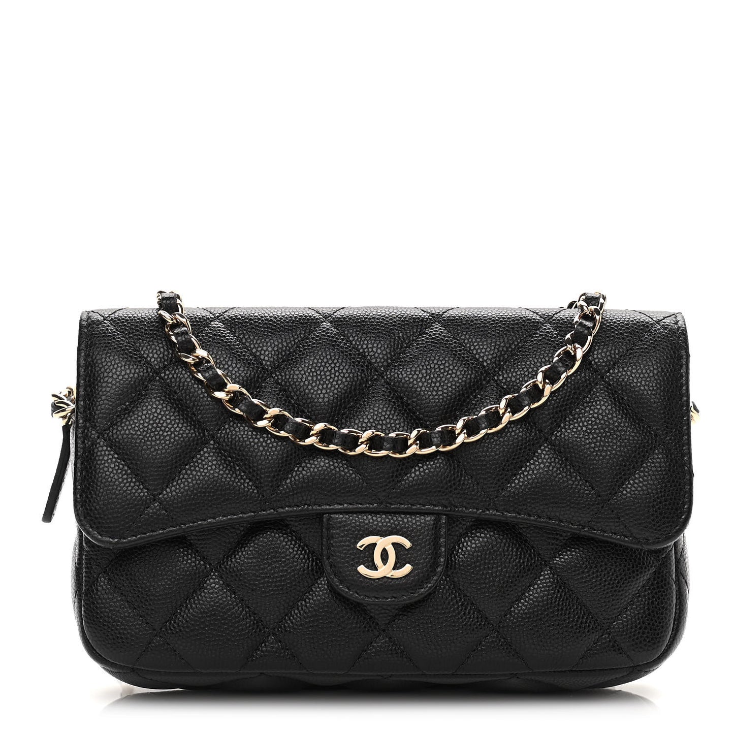 Caviar Quilted Flap Phone Holder With Chain Black