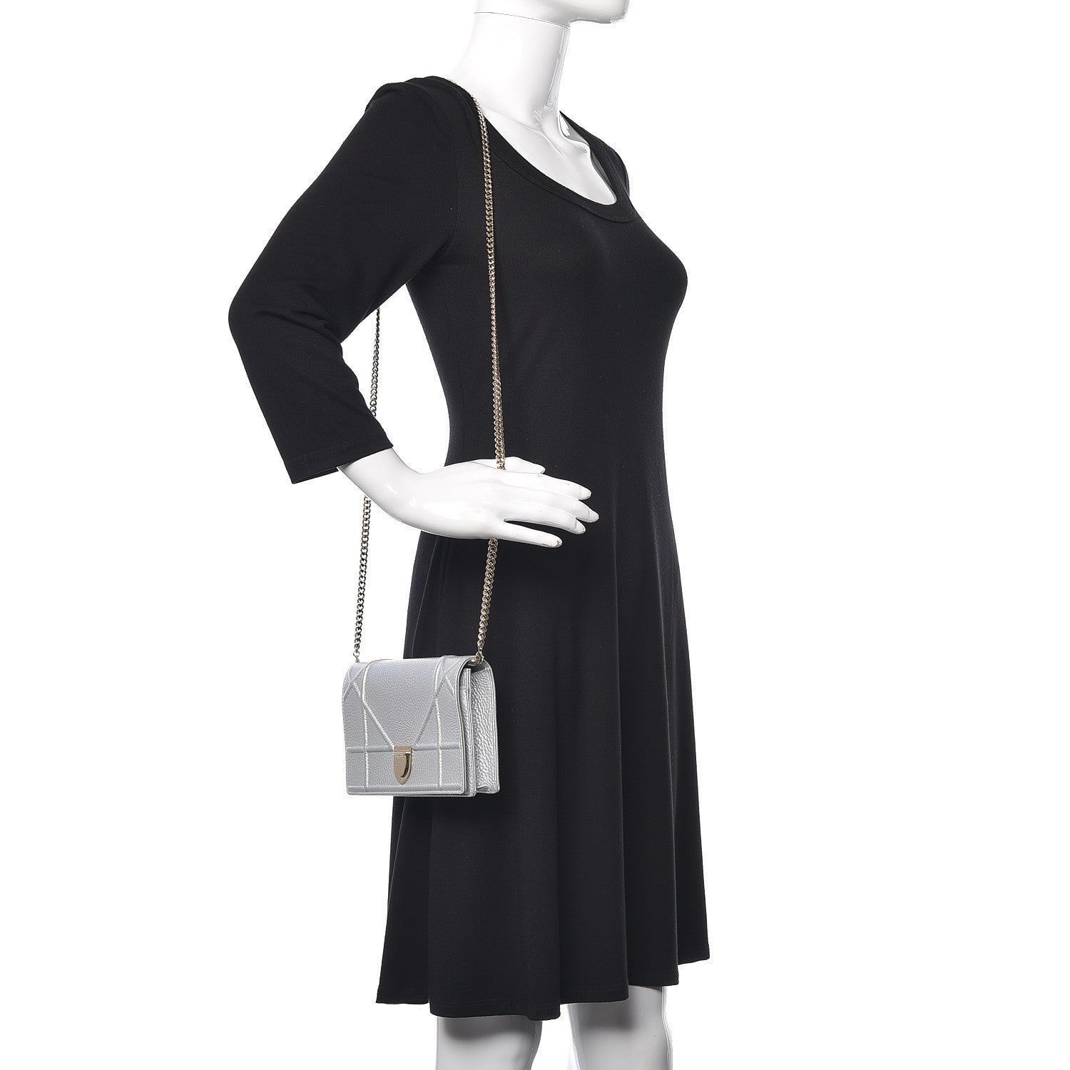 Christian Dior Metallic Grained Calfskin Diorama Wallet on Chain Pouch Silver 2 of 11