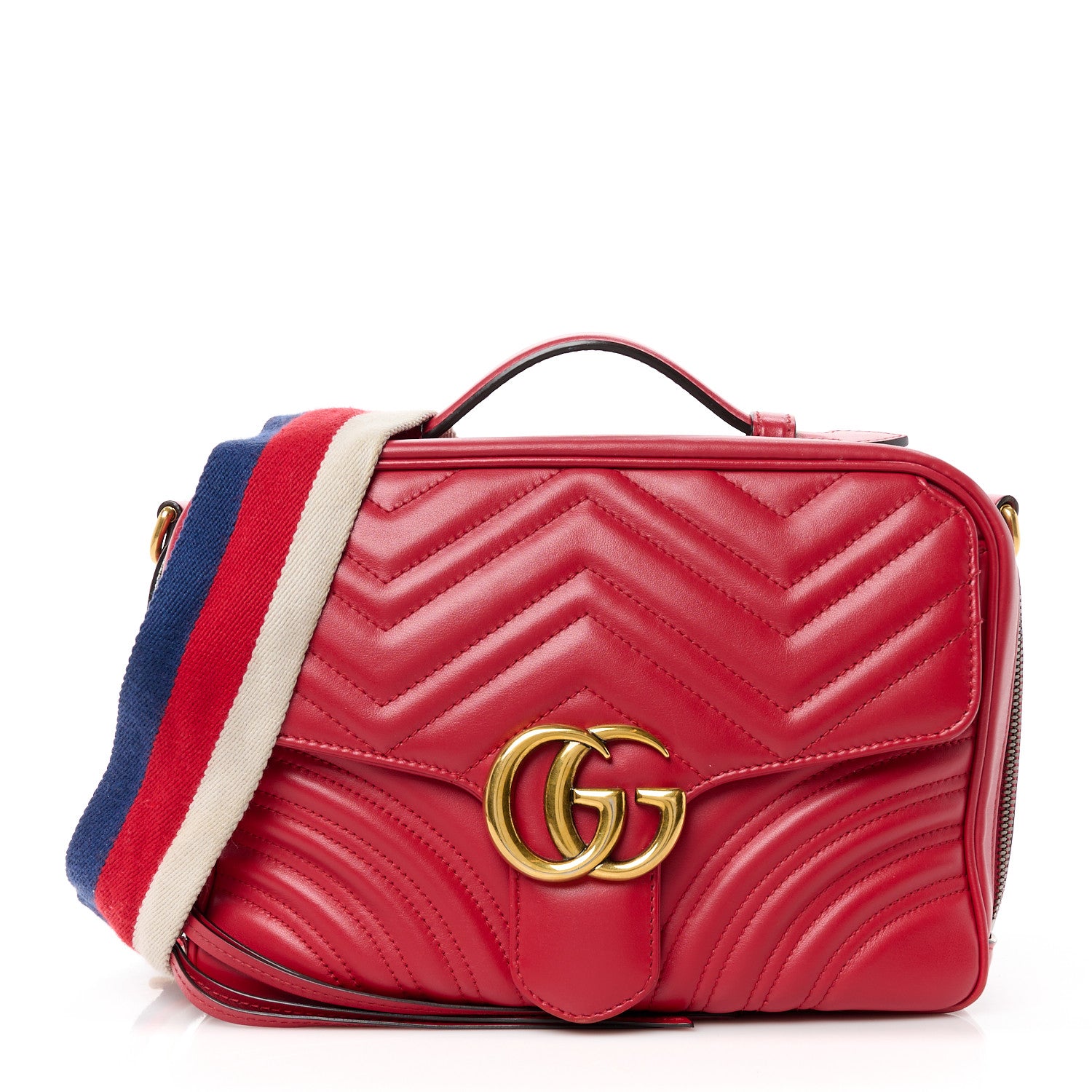 Gucci Calfskin Matelasse Sylvie Web Small GG Marmont Top Handle Shoulder Bag Hibiscus Red 1 of 12