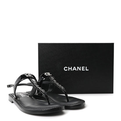 Chanel Calfskin Patent Chain CC Logo Thong Flat Sandals 39 Black 20 of 20