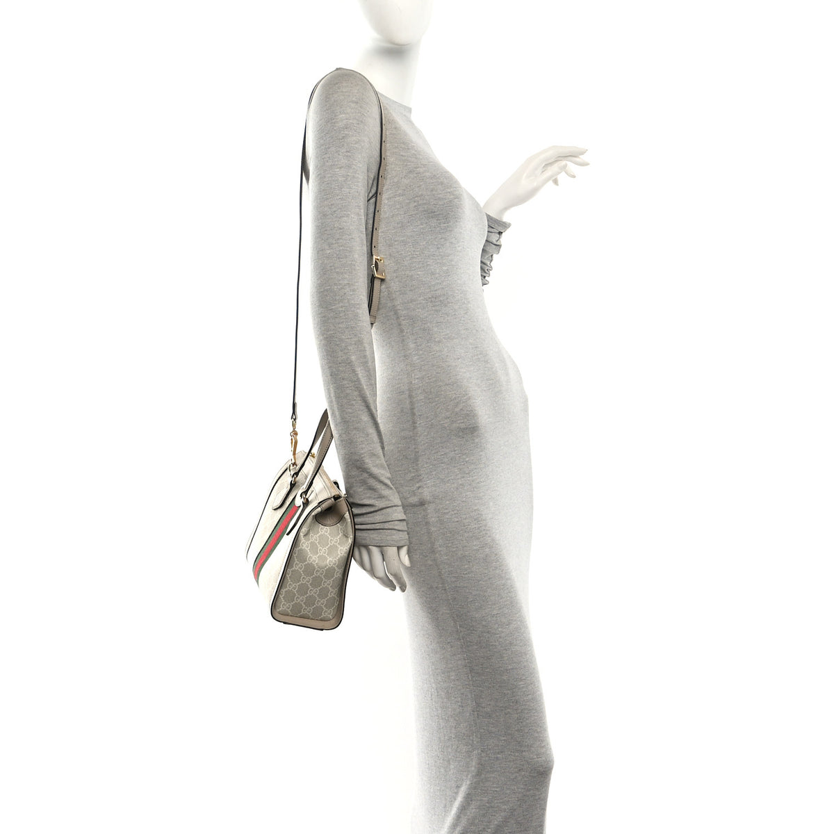 Gucci GG Supreme Monogram Textured Dollar Calfskin Web Small Ophidia Tote Bag Beige Mystic White Oatmeal 2 of 10