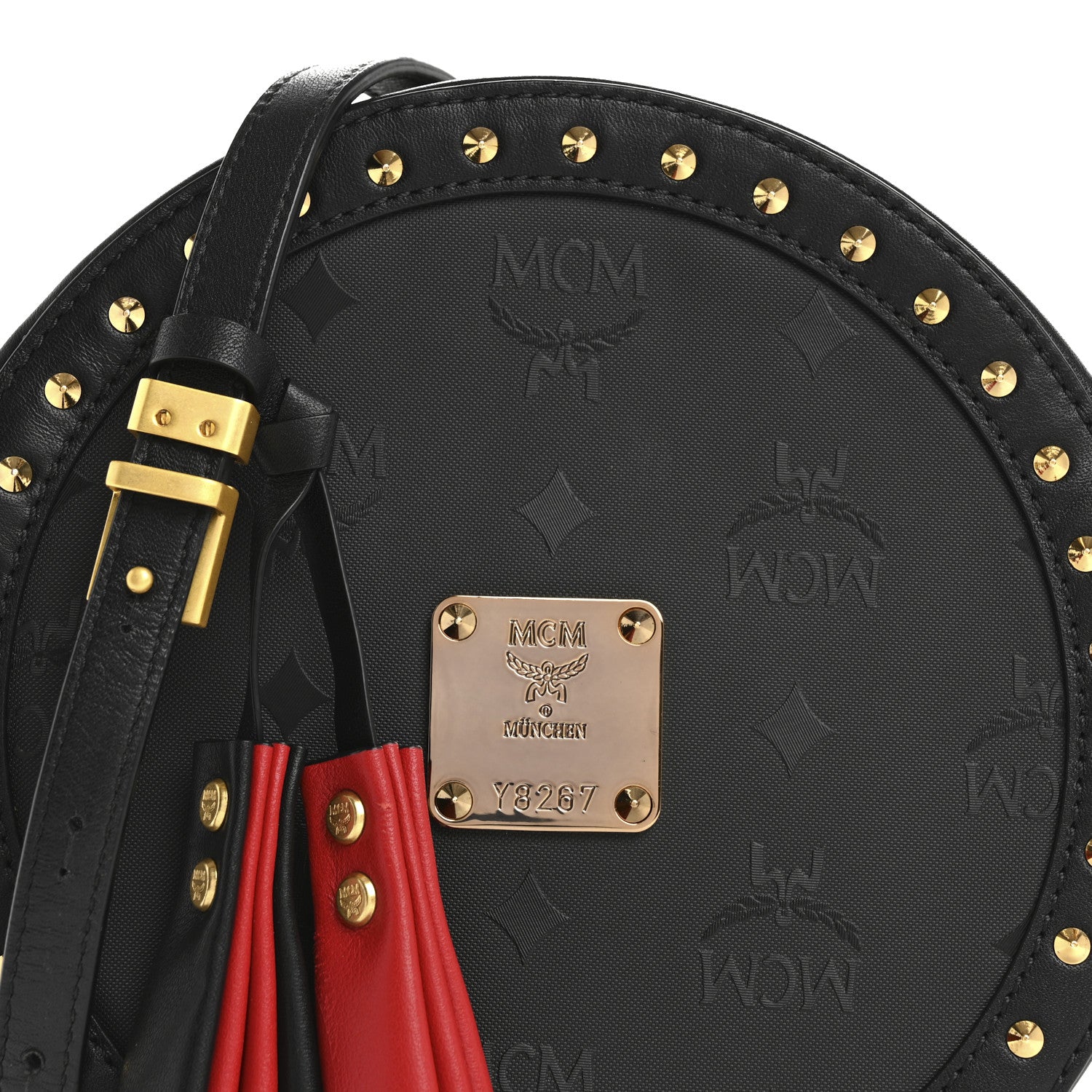 MCM Monogram Coated Canvas Studded Berlin Tambourine Round Crossbody Black 8 of 11