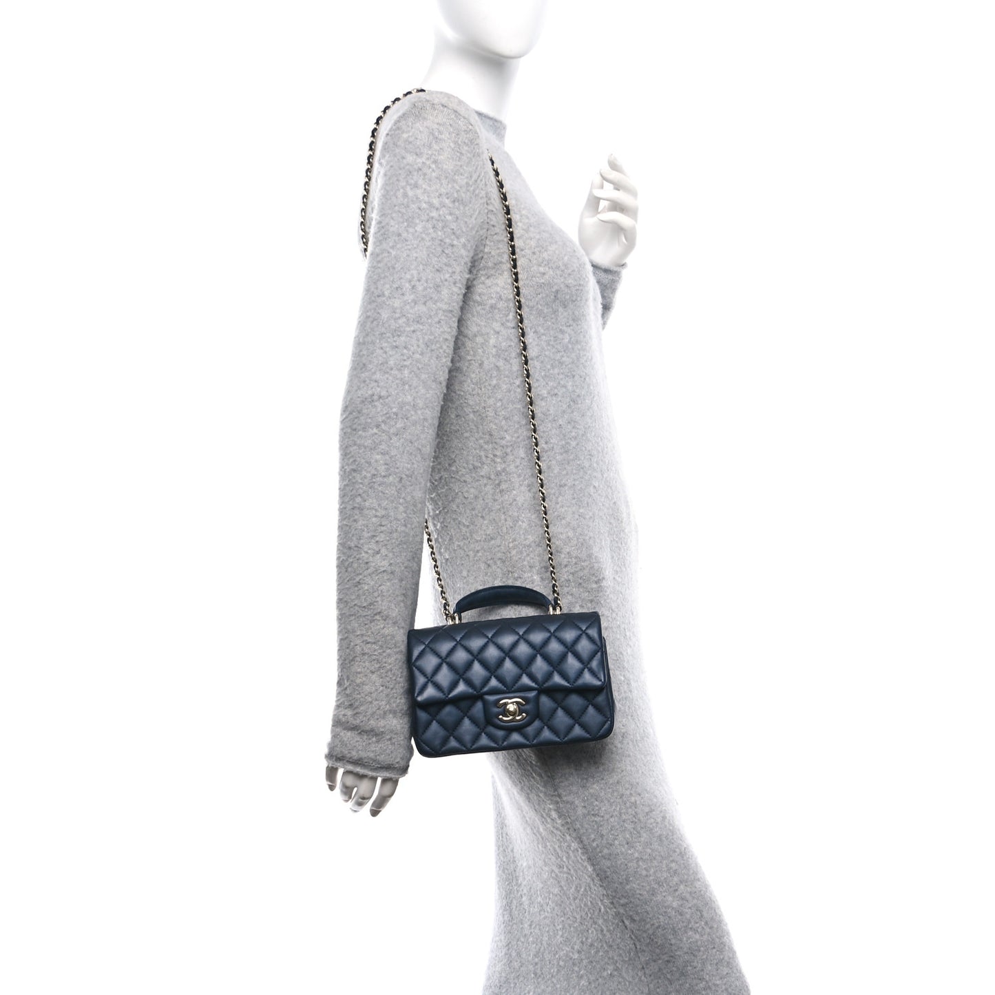 Lambskin Quilted Mini Top Handle Rectangular Flap Navy Blue