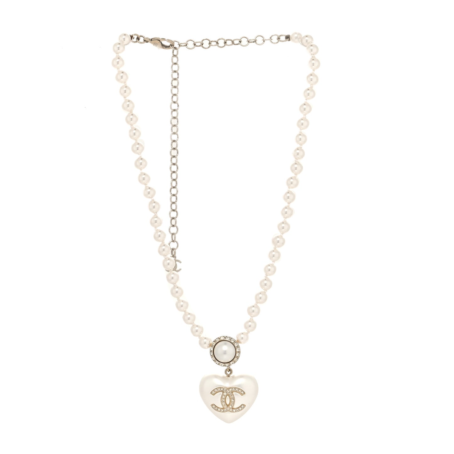 Pearl Crystal CC Heart Short Necklace Pearly White Gold