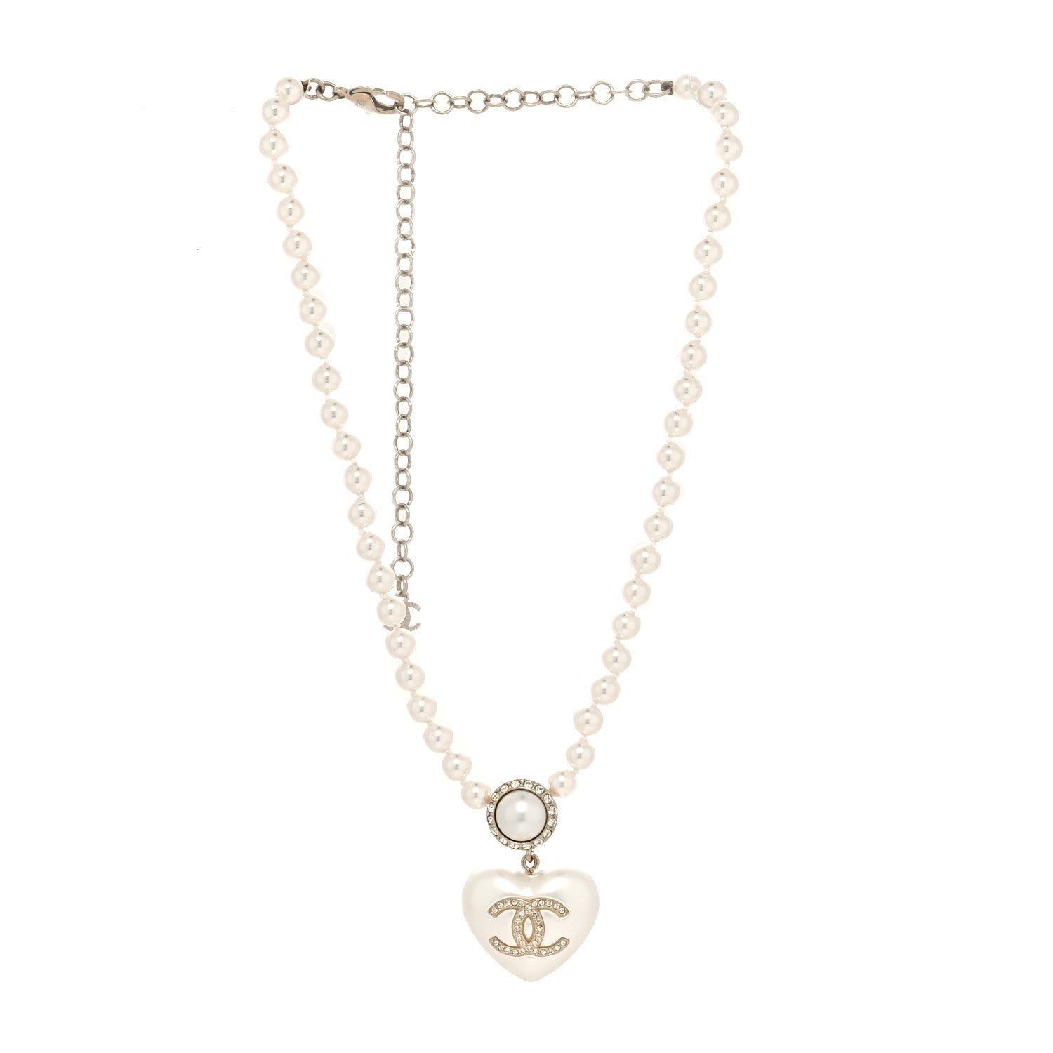 Chanel Pearl Crystal CC Heart Short Necklace Pearly White Gold 3 of 5