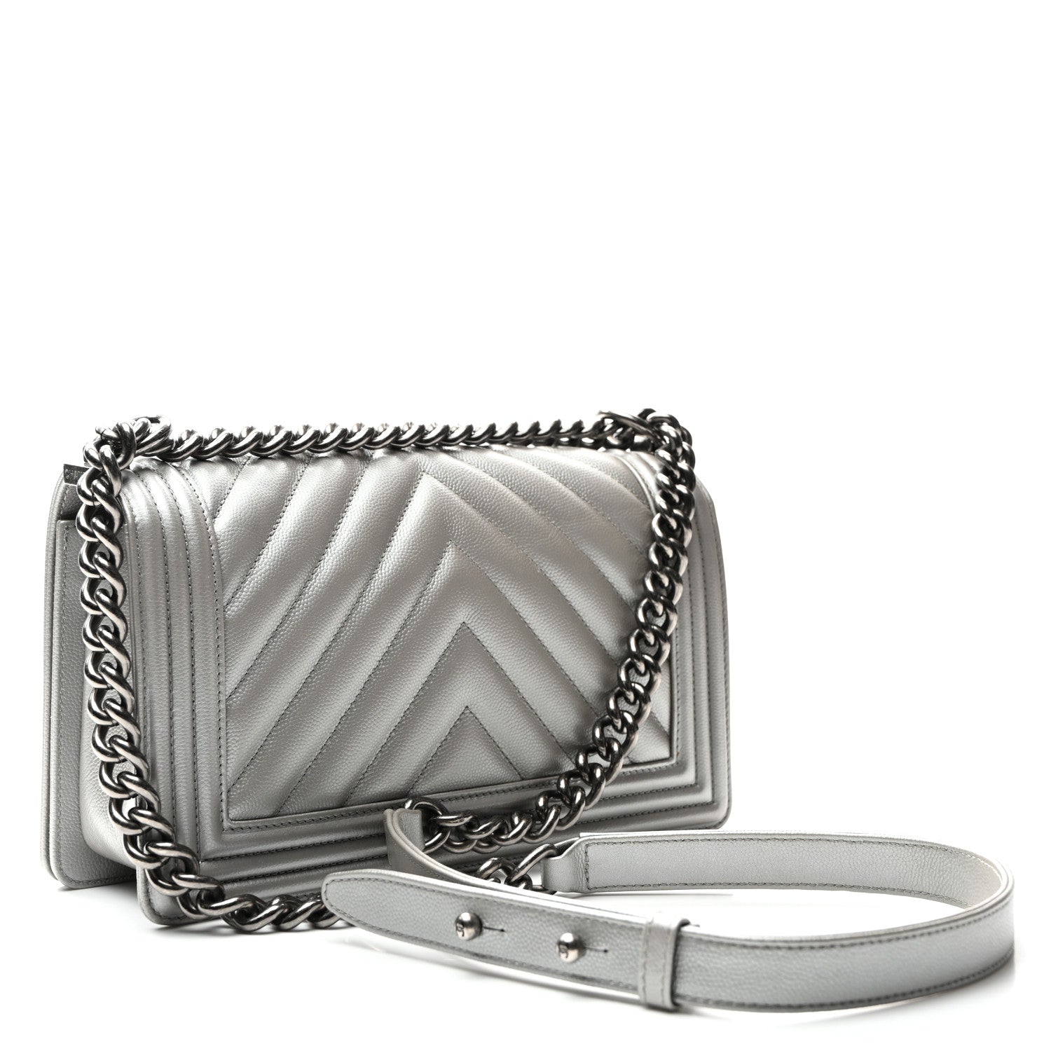 Chanel Metallic Caviar Chevron Quilted Medium Boy Flap Silver 3 of 10
