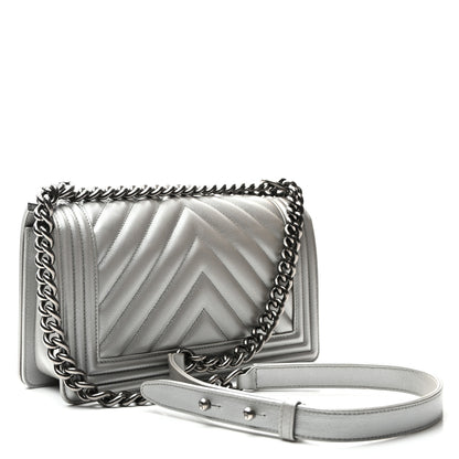Chanel Metallic Caviar Chevron Quilted Medium Boy Flap Silver 3 of 10