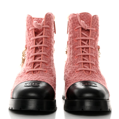 Chanel Wool Tweed Calfskin Chain Lace Up Combat Boots 37 Pink Black 2 of 8