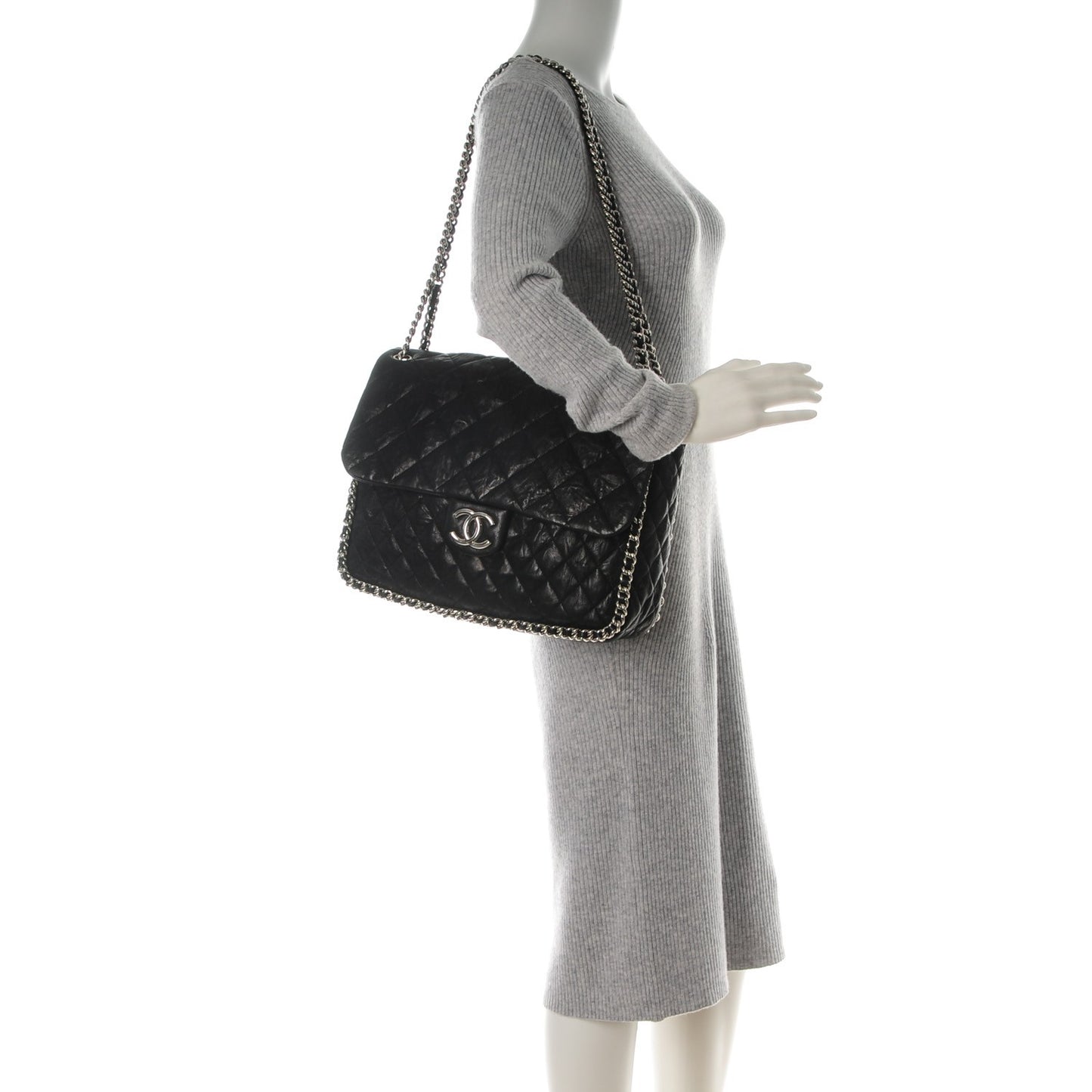 Washed Lambskin Quilted Maxi Chain Around Flap Black