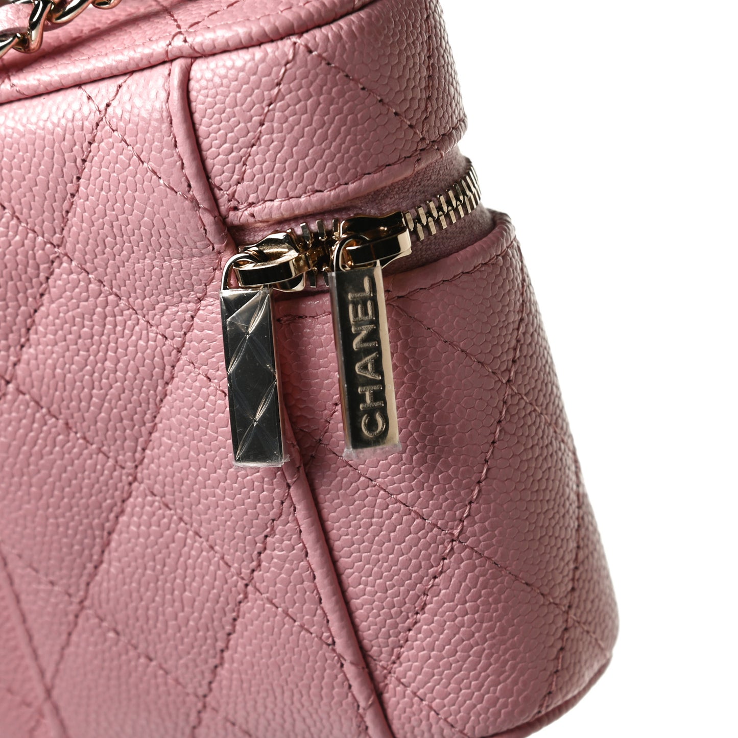 Caviar Quilted Small Handle With Care Vanity Case With Chain Pink