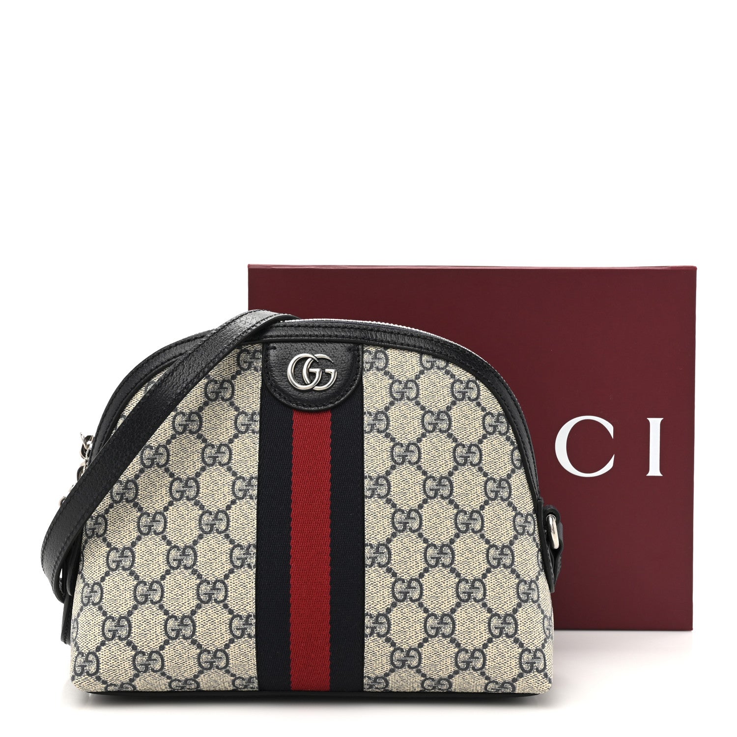 Gucci GG Supreme Monogram Textured Dollar Calfskin Web Small Ophidia Dome Shoulder Bag Beige Blue 20 of 21
