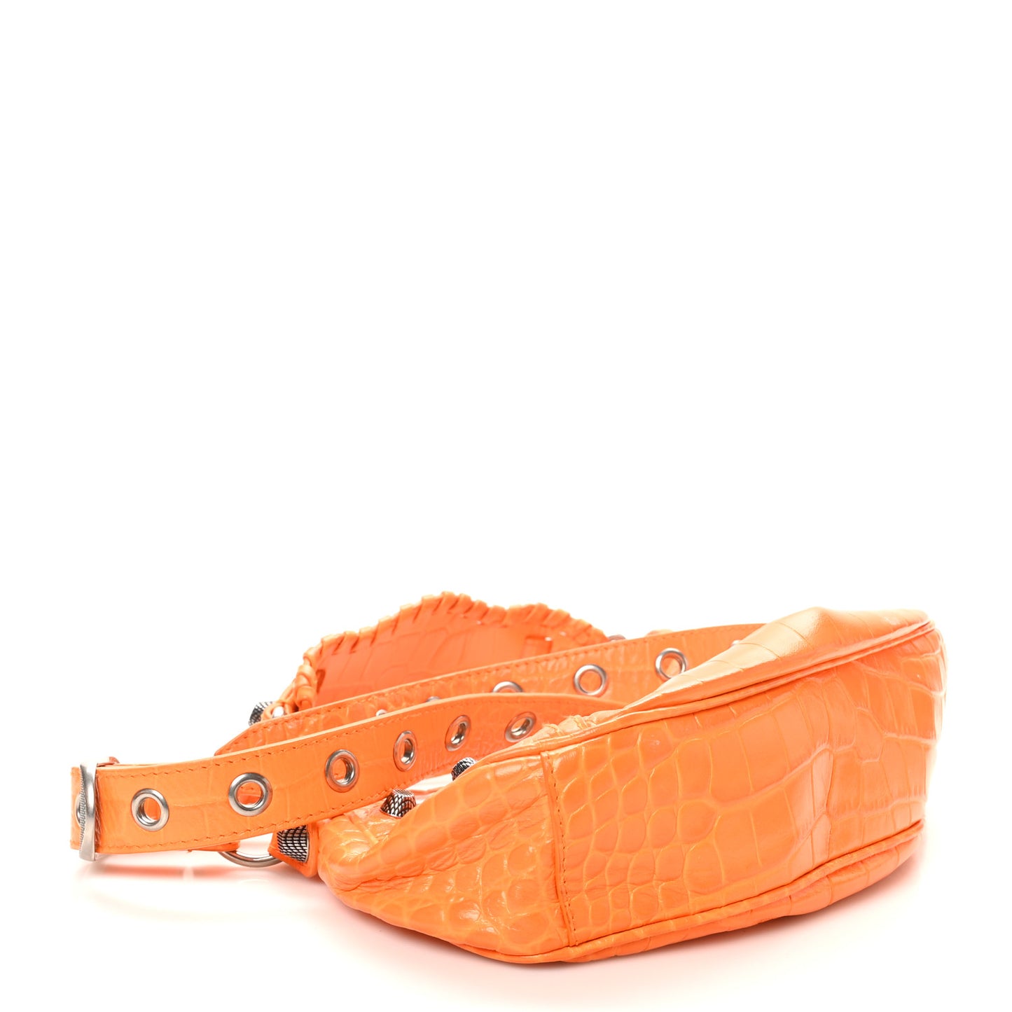 Extra Supple Calfskin Crocodile Embossed Le Cagole Shoulder Bag XS Pop Orange