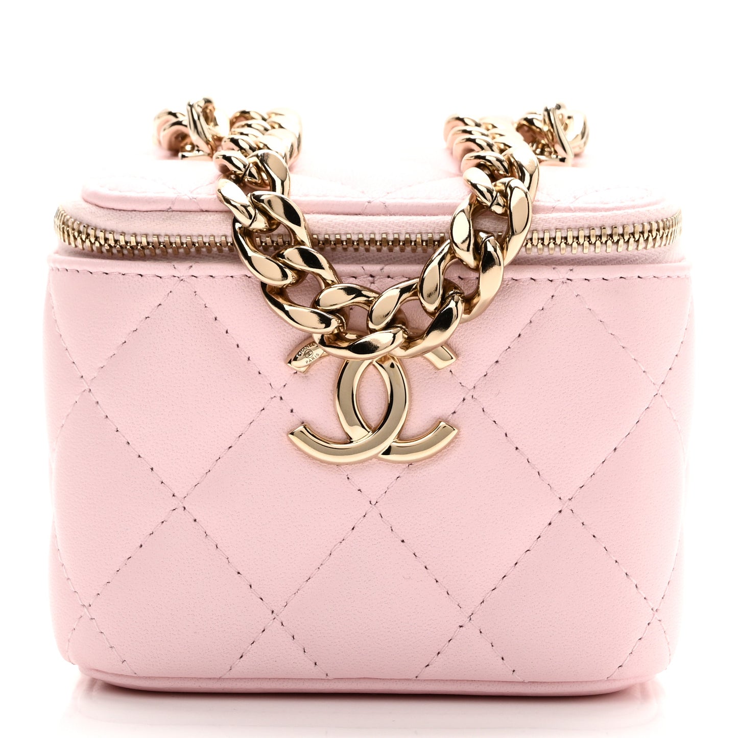 Lambskin Quilted Enamel Coco Mini Vanity Case With Chain Pink