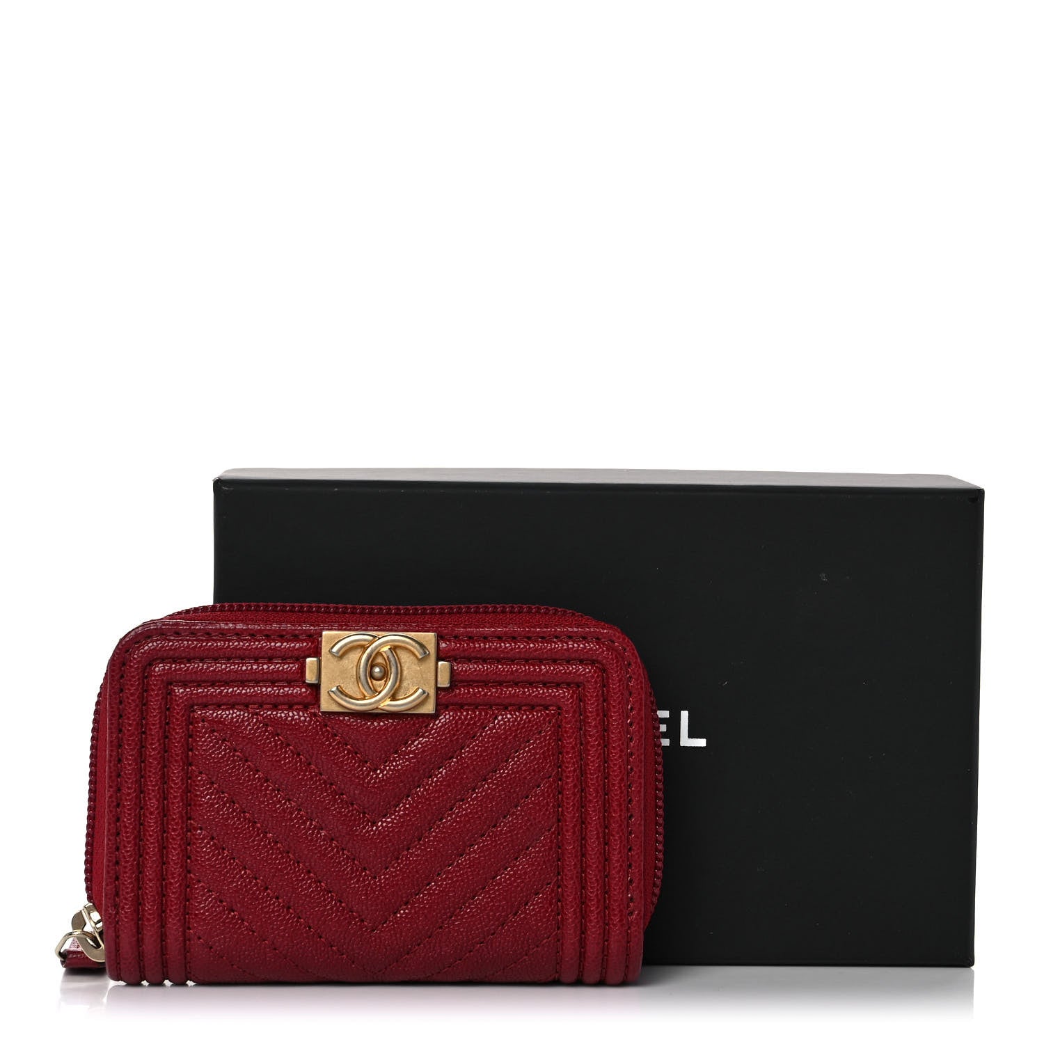 Chanel Caviar Chevron Quilted Boy Zip Around Coin Purse Wallet Burgundy 11 of 11