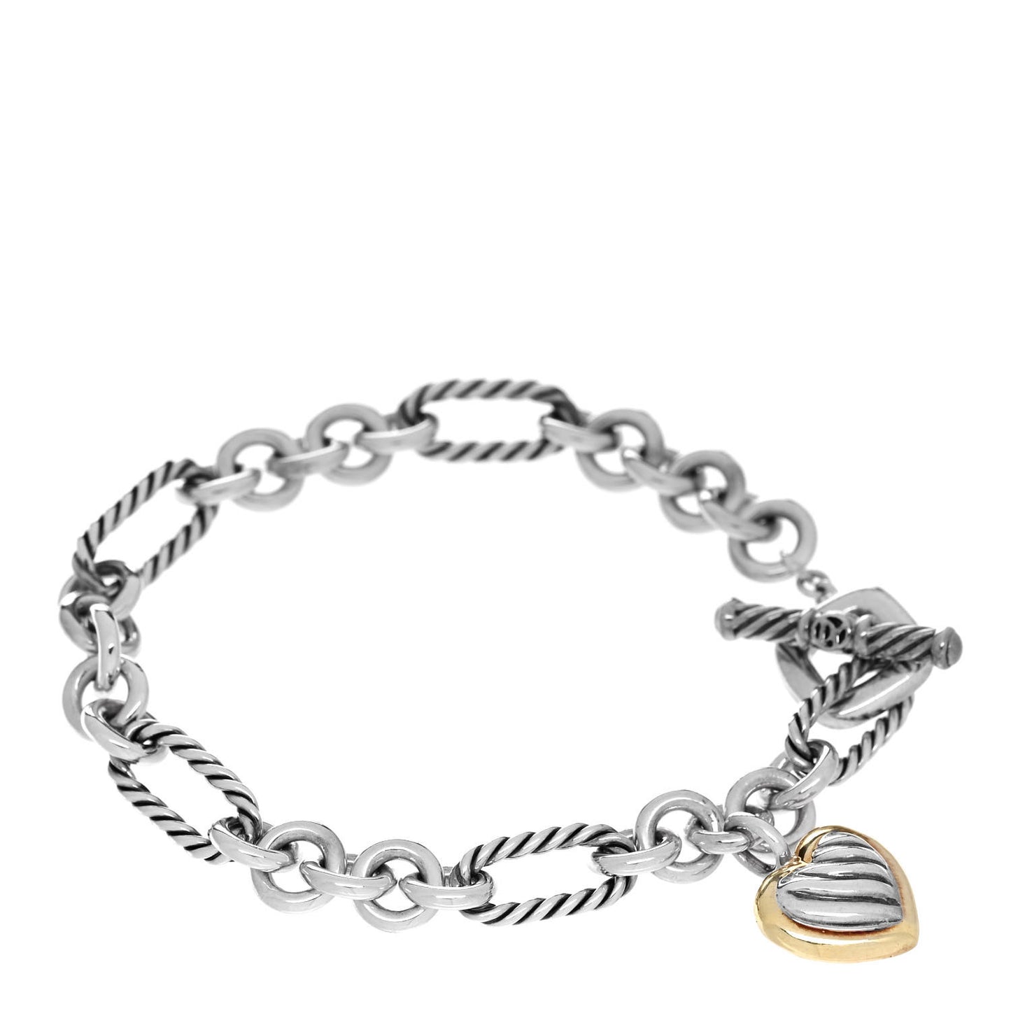 Sterling Silver 18k Yellow Gold Cable Heart Charm Bracelet