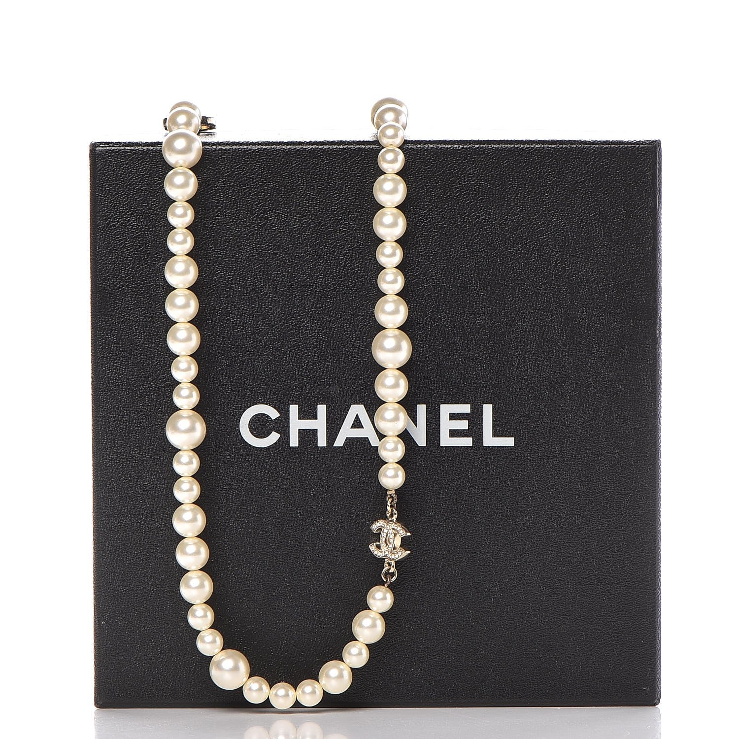 Chanel Graduated Pearl Crystal CC Long Necklace Light Gold 5 of 5