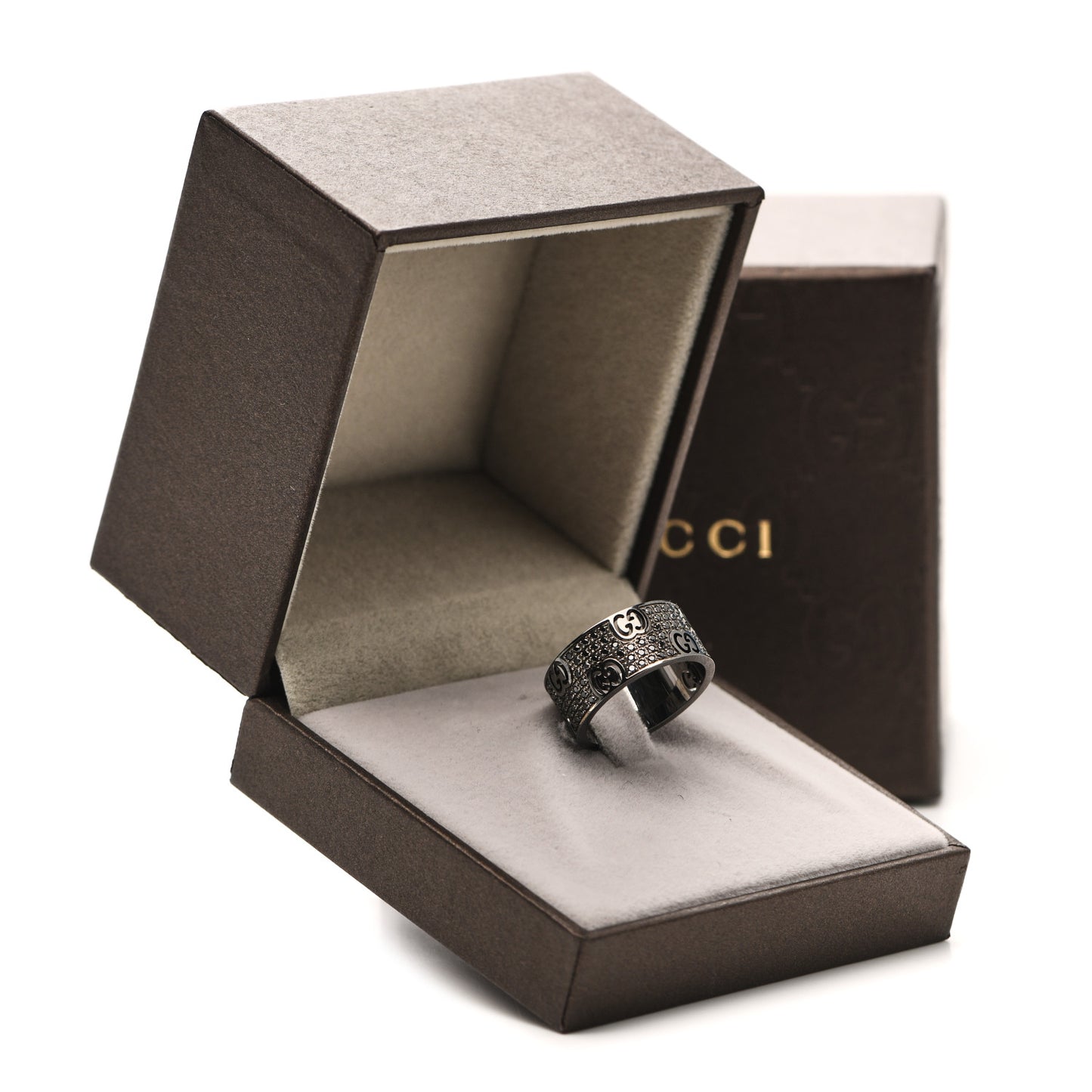 18K White Gold Black Diamond Wide Icon Stardust Band Ring 54 7