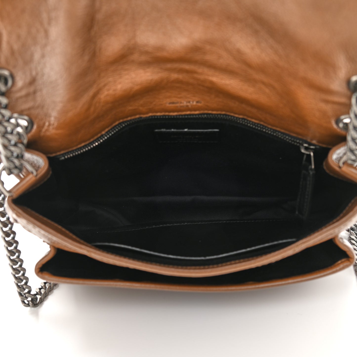 Crinkled Calfskin Matelasse Monogram Medium Niki Chain Satchel Tan Brown
