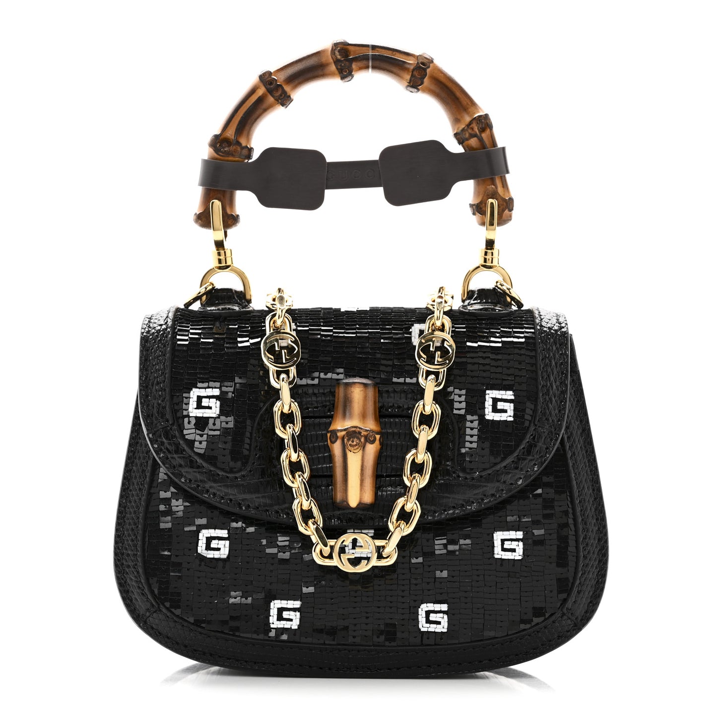 Sequin Lizard Embossed GG Mini Bamboo 1947 Top Handle Chain Bag Black White