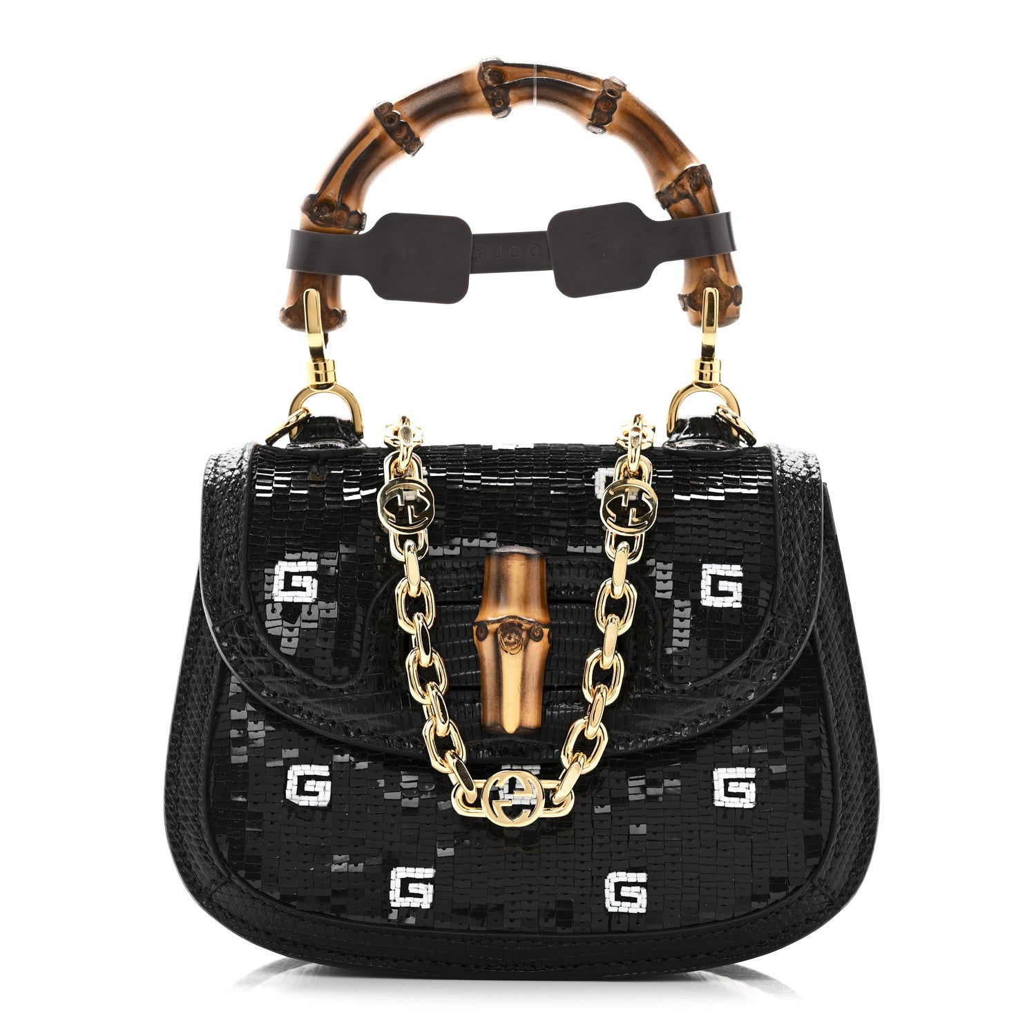 Gucci Sequin Lizard Embossed GG Mini Bamboo 1947 Top Handle Chain Bag Black White 1 of 10